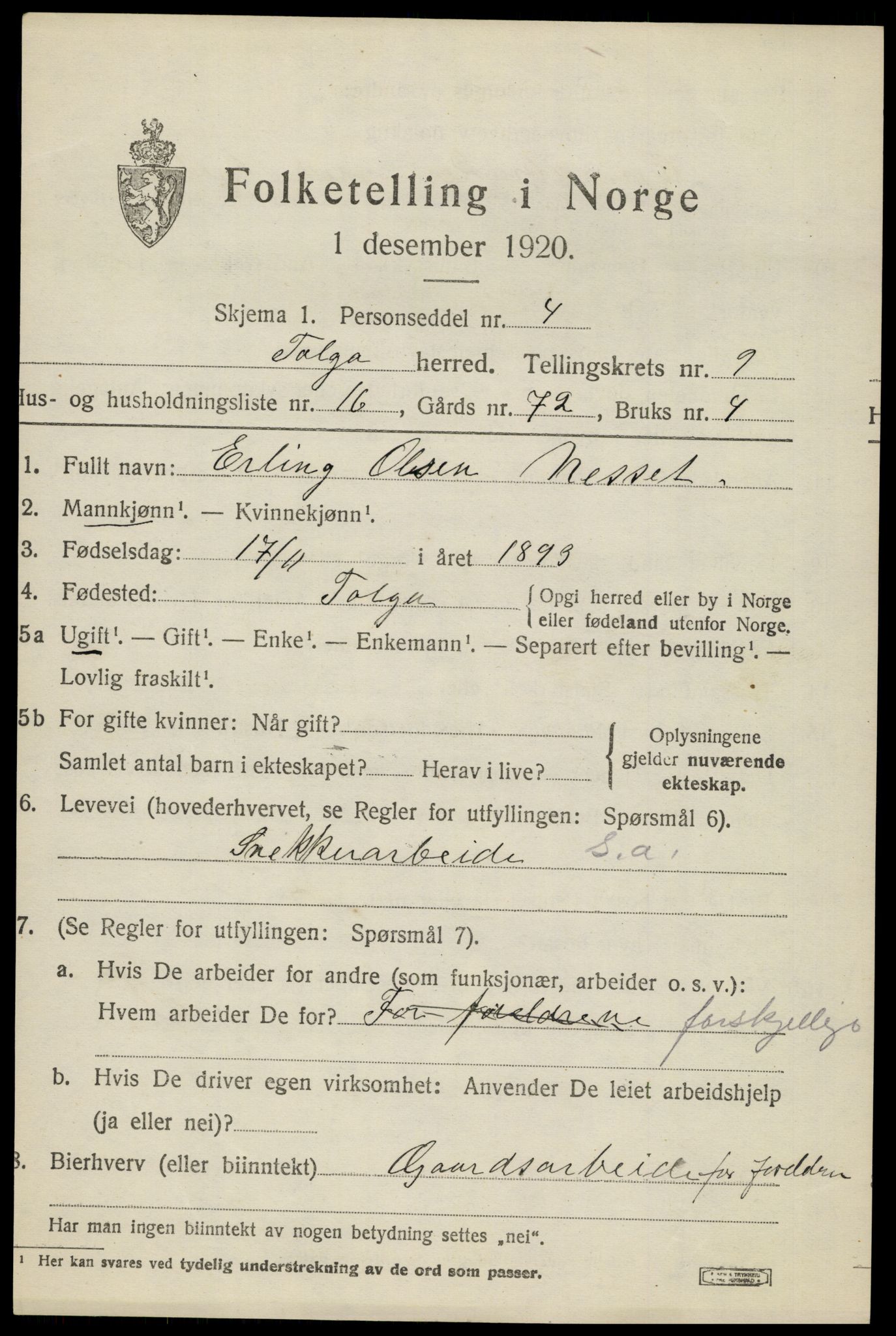 SAH, 1920 census for Tolga, 1920, p. 4903