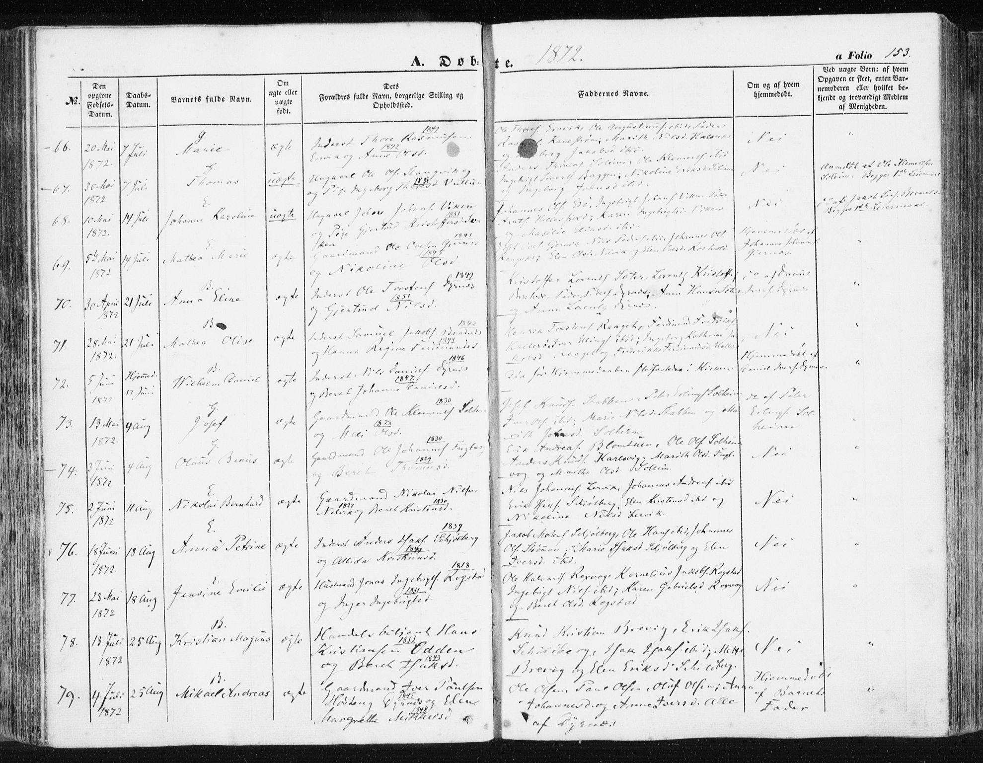 Ministerialprotokoller, klokkerbøker og fødselsregistre - Møre og Romsdal, AV/SAT-A-1454/581/L0937: Parish register (official) no. 581A05, 1853-1872, p. 153