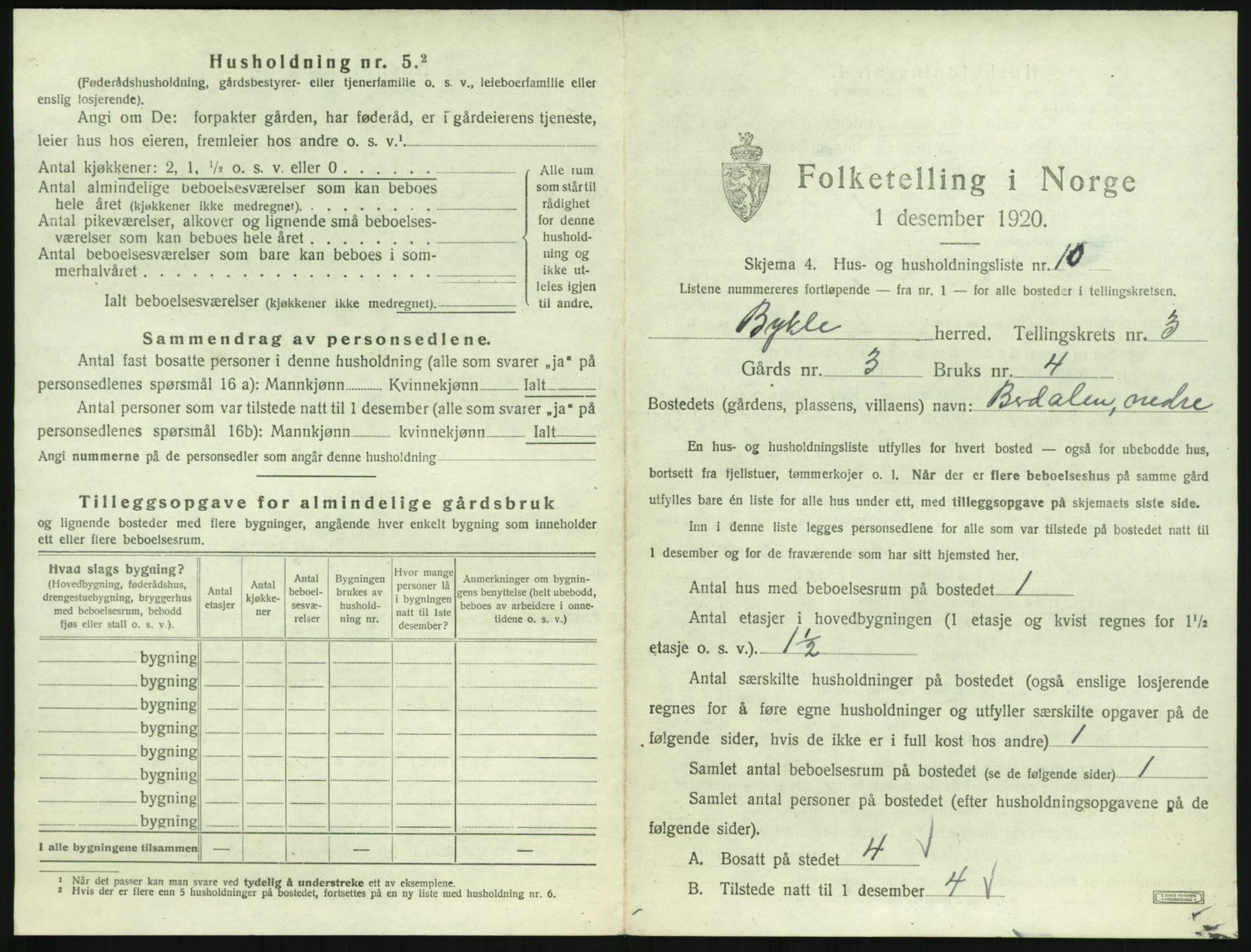 SAK, 1920 census for Bykle, 1920, p. 179
