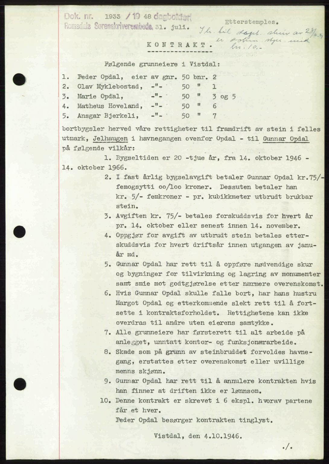 Romsdal sorenskriveri, AV/SAT-A-4149/1/2/2C: Mortgage book no. A26, 1948-1948, Diary no: : 1933/1948