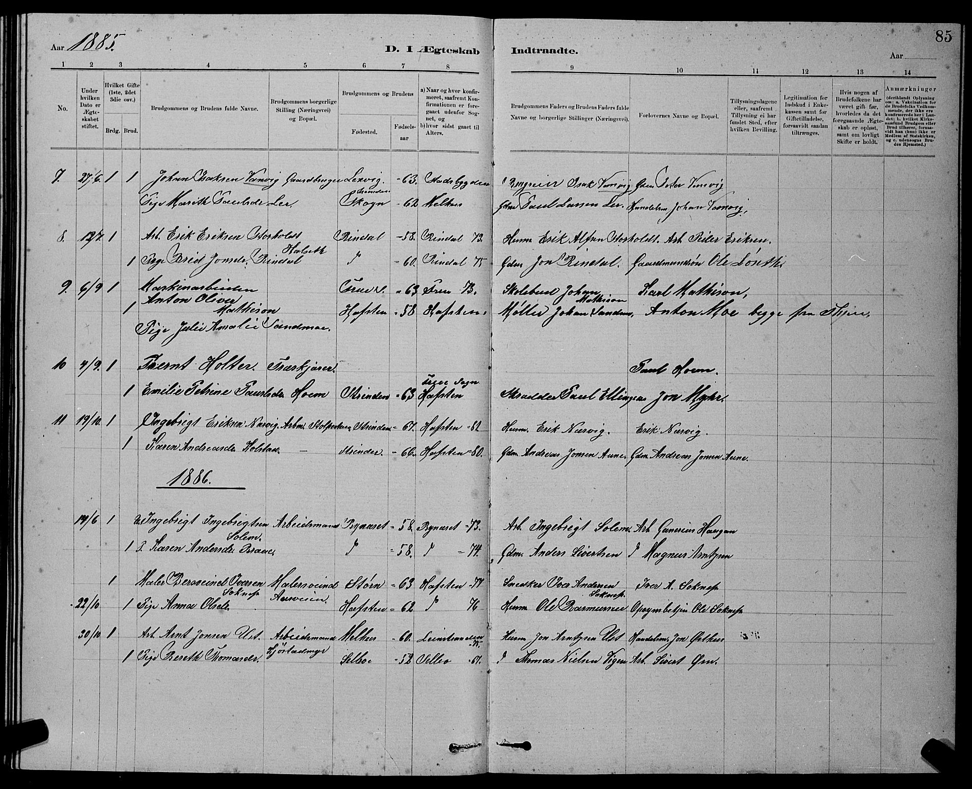 Ministerialprotokoller, klokkerbøker og fødselsregistre - Sør-Trøndelag, SAT/A-1456/611/L0354: Parish register (copy) no. 611C02, 1881-1896, p. 85