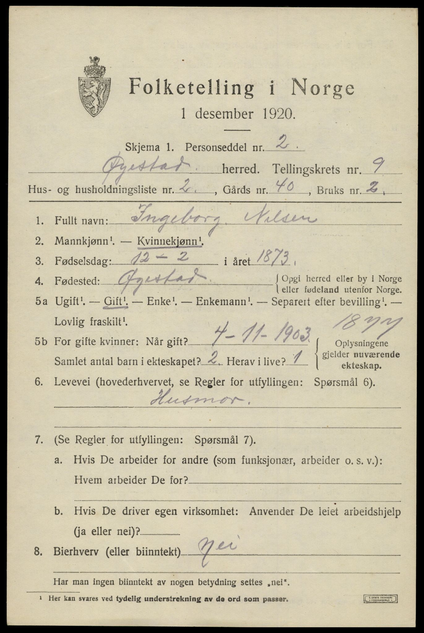 SAK, 1920 census for Øyestad, 1920, p. 5928