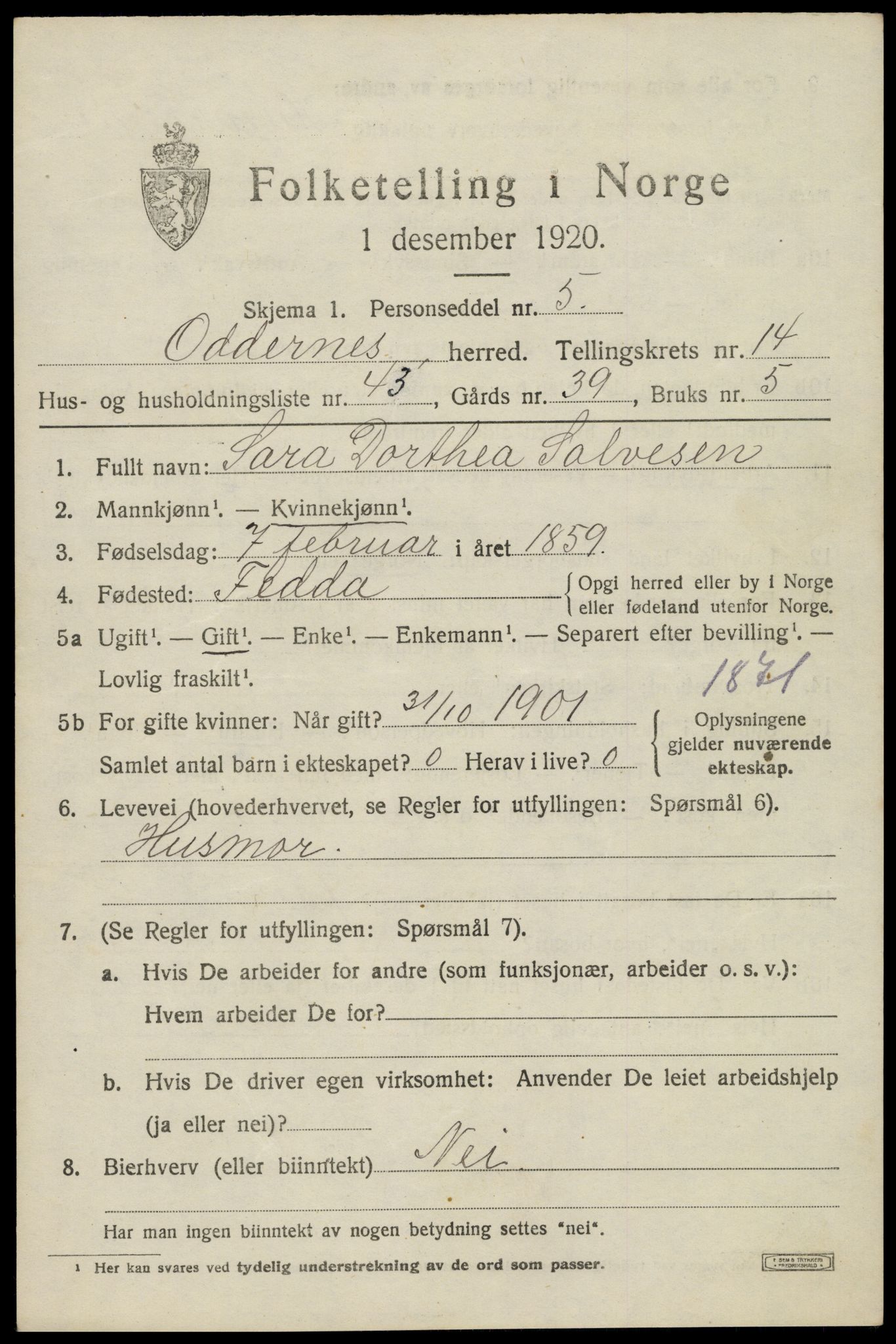 SAK, 1920 census for Oddernes, 1920, p. 8965