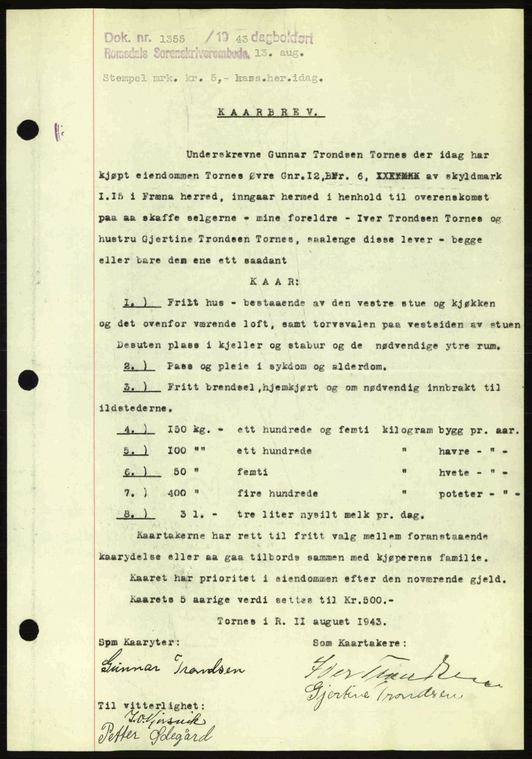 Romsdal sorenskriveri, AV/SAT-A-4149/1/2/2C: Mortgage book no. A14, 1943-1943, Diary no: : 1355/1943