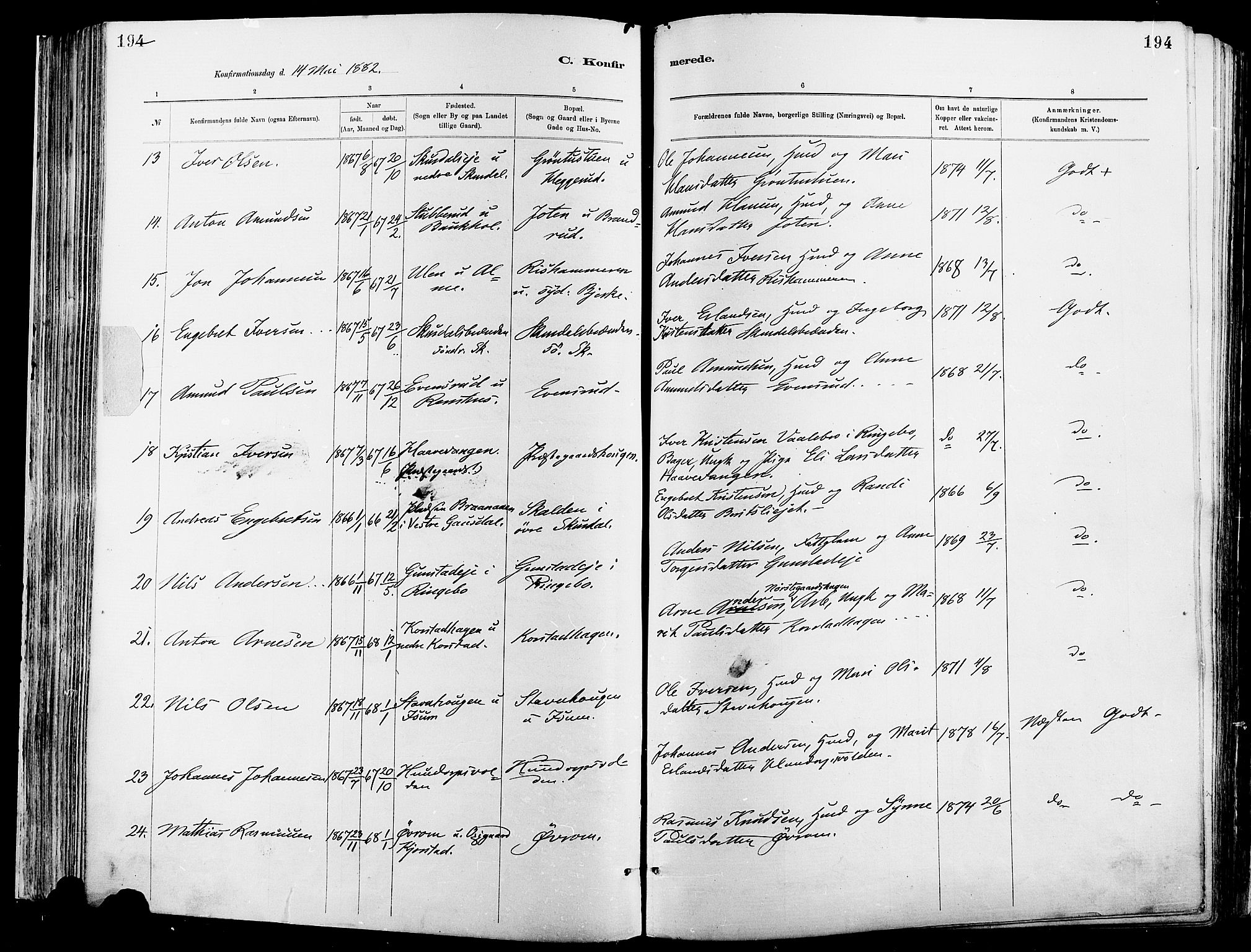Sør-Fron prestekontor, SAH/PREST-010/H/Ha/Haa/L0003: Parish register (official) no. 3, 1881-1897, p. 194