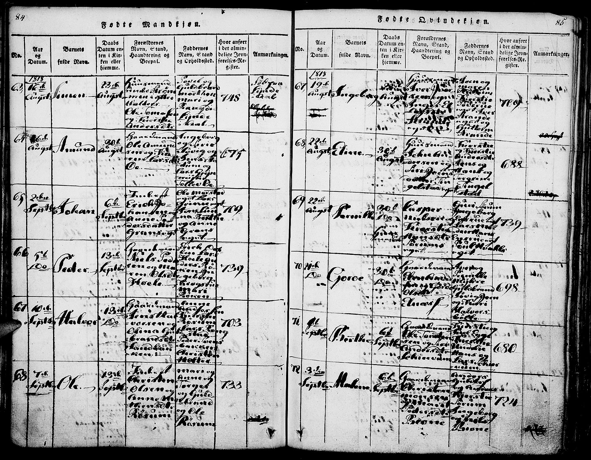 Gran prestekontor, AV/SAH-PREST-112/H/Ha/Haa/L0009: Parish register (official) no. 9, 1815-1824, p. 84-85