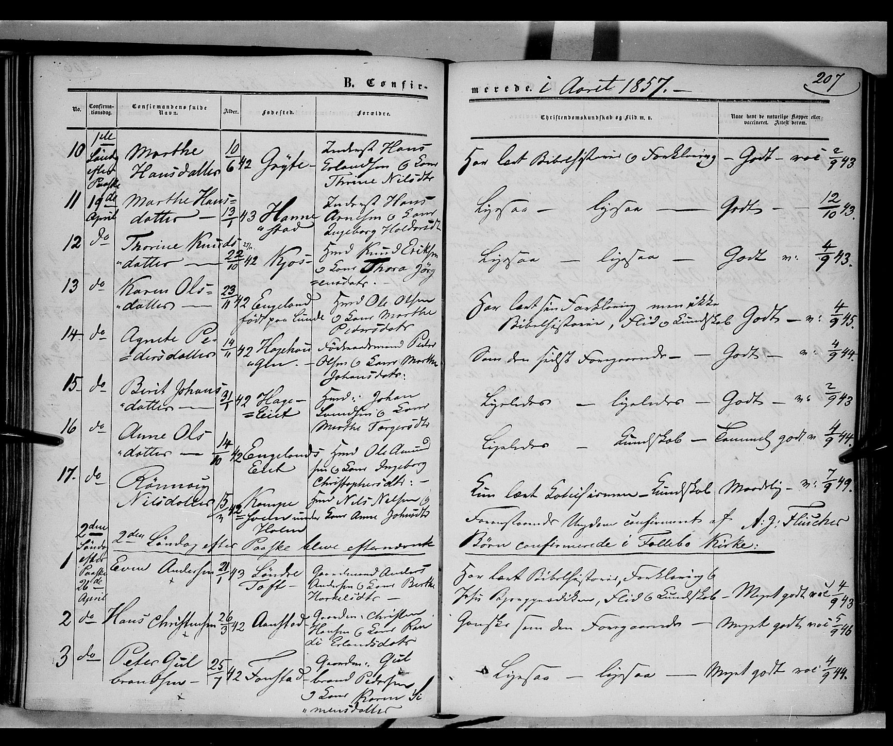Gausdal prestekontor, SAH/PREST-090/H/Ha/Haa/L0008: Parish register (official) no. 8, 1850-1861, p. 207