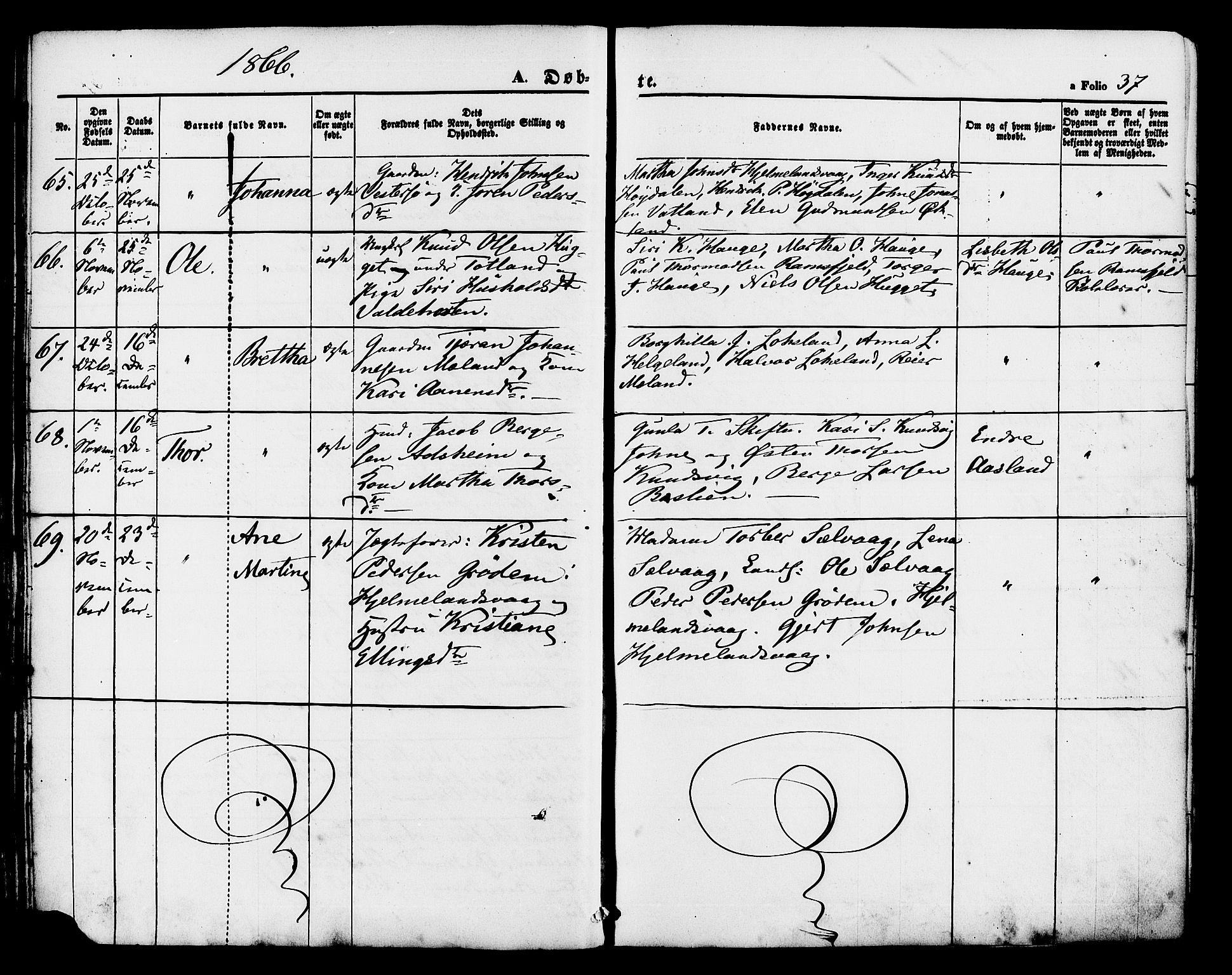 Hjelmeland sokneprestkontor, AV/SAST-A-101843/01/IV/L0011: Parish register (official) no. A 11, 1861-1878, p. 37