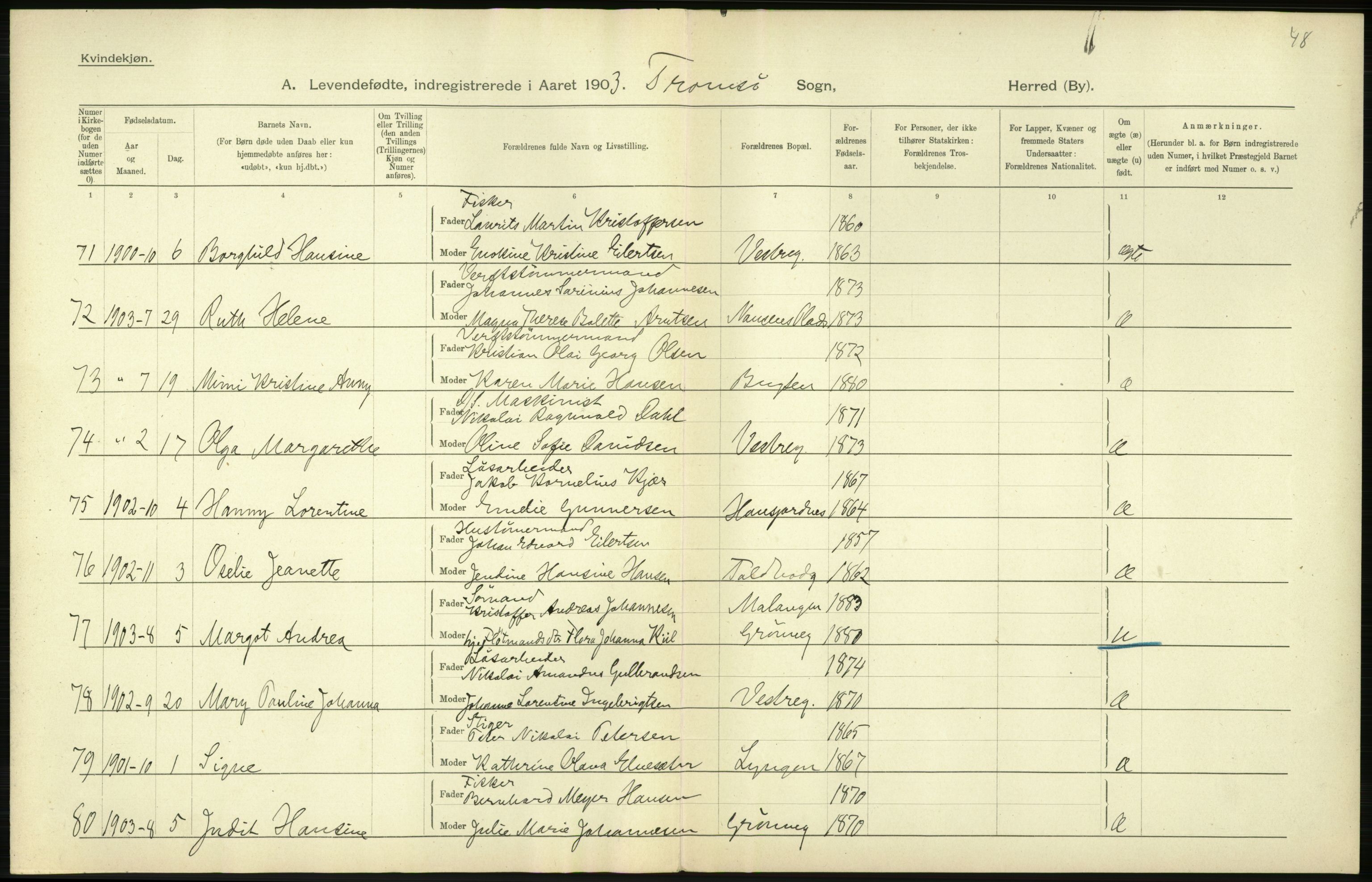 Statistisk sentralbyrå, Sosiodemografiske emner, Befolkning, AV/RA-S-2228/D/Df/Dfa/Dfaa/L0021: Tromsø amt: Fødte, gifte, døde., 1903, p. 284