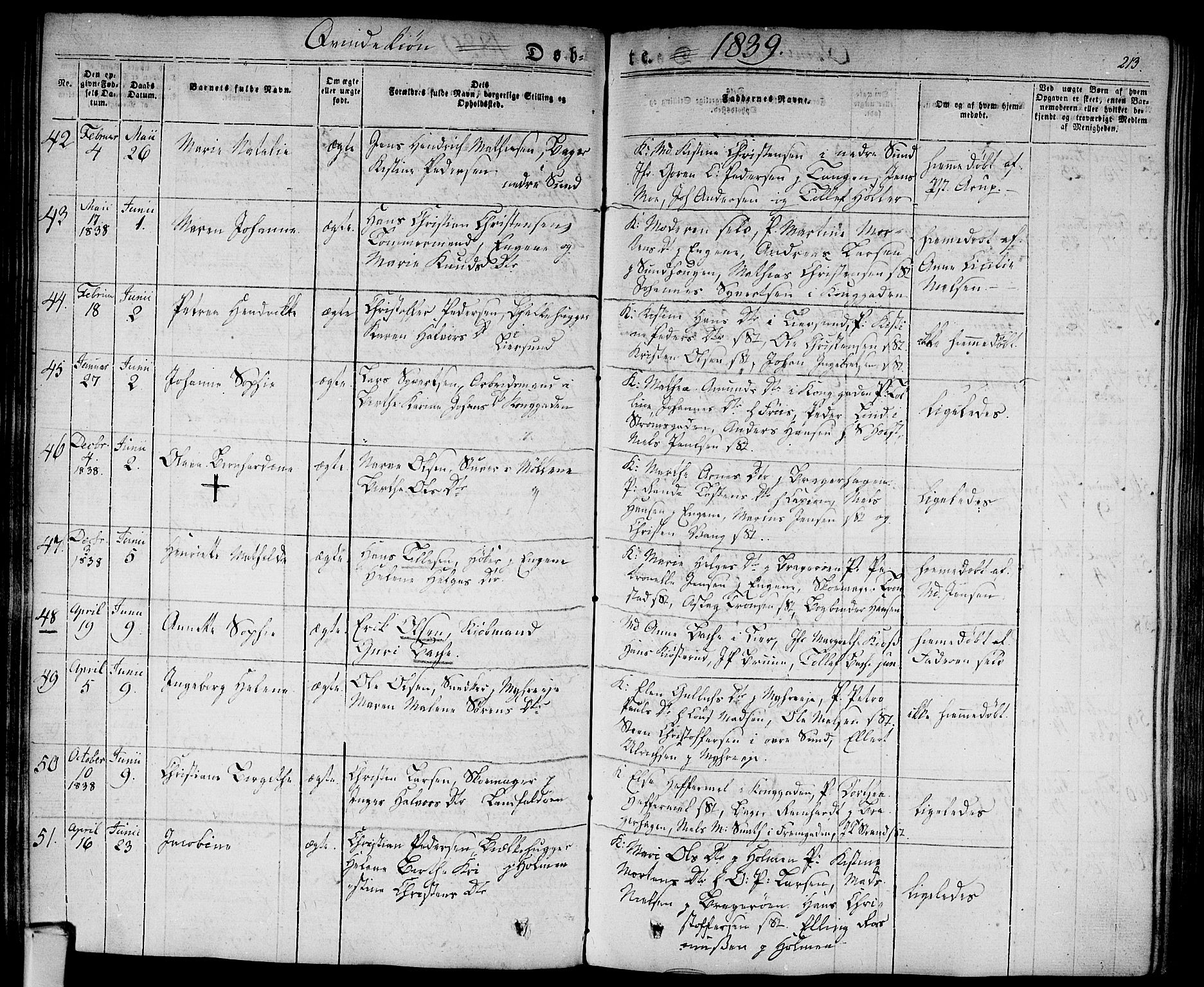 Bragernes kirkebøker, SAKO/A-6/F/Fb/L0001: Parish register (official) no. II 1, 1830-1847, p. 213