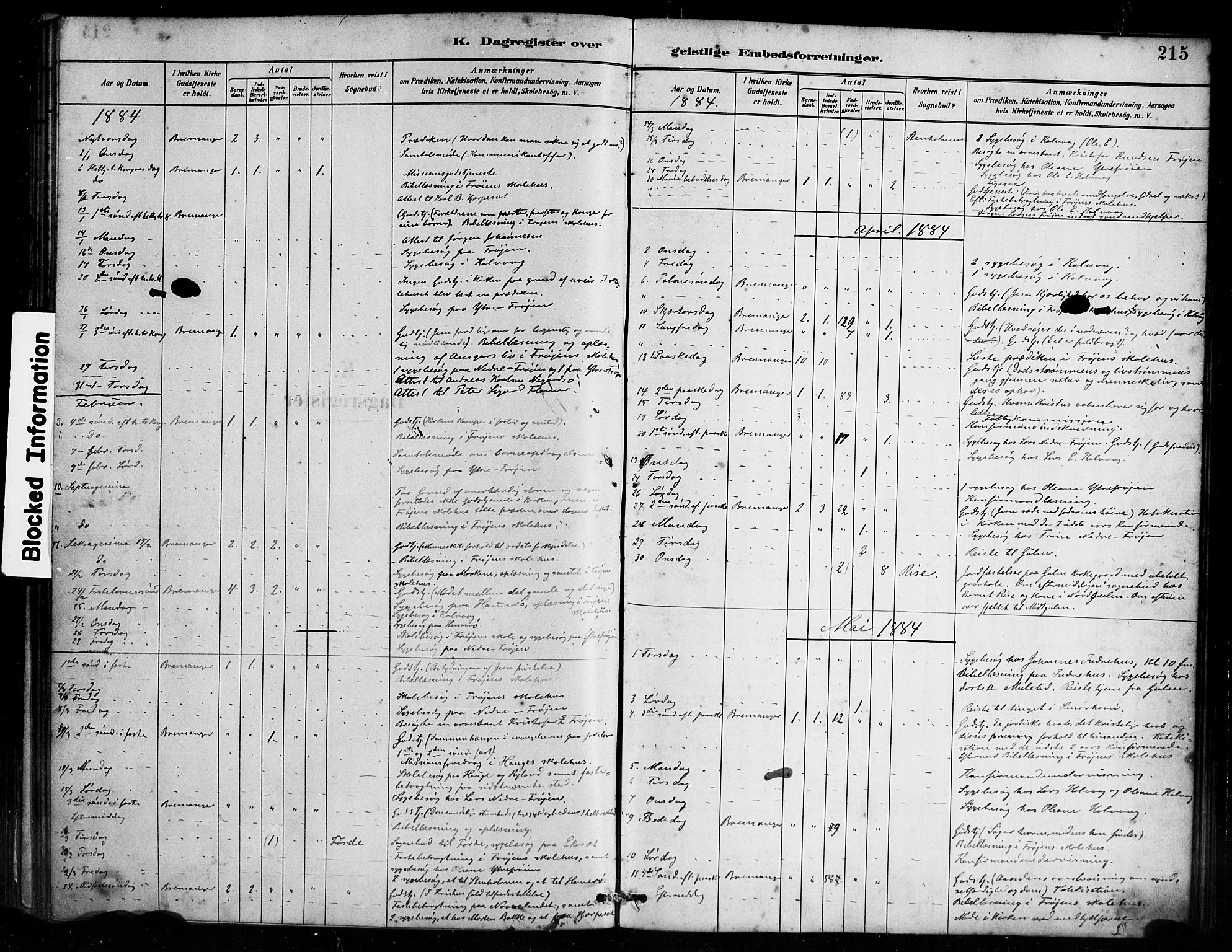 Bremanger sokneprestembete, SAB/A-82201/H/Haa/Haab/L0001: Parish register (official) no. B 1, 1884-1895, p. 215
