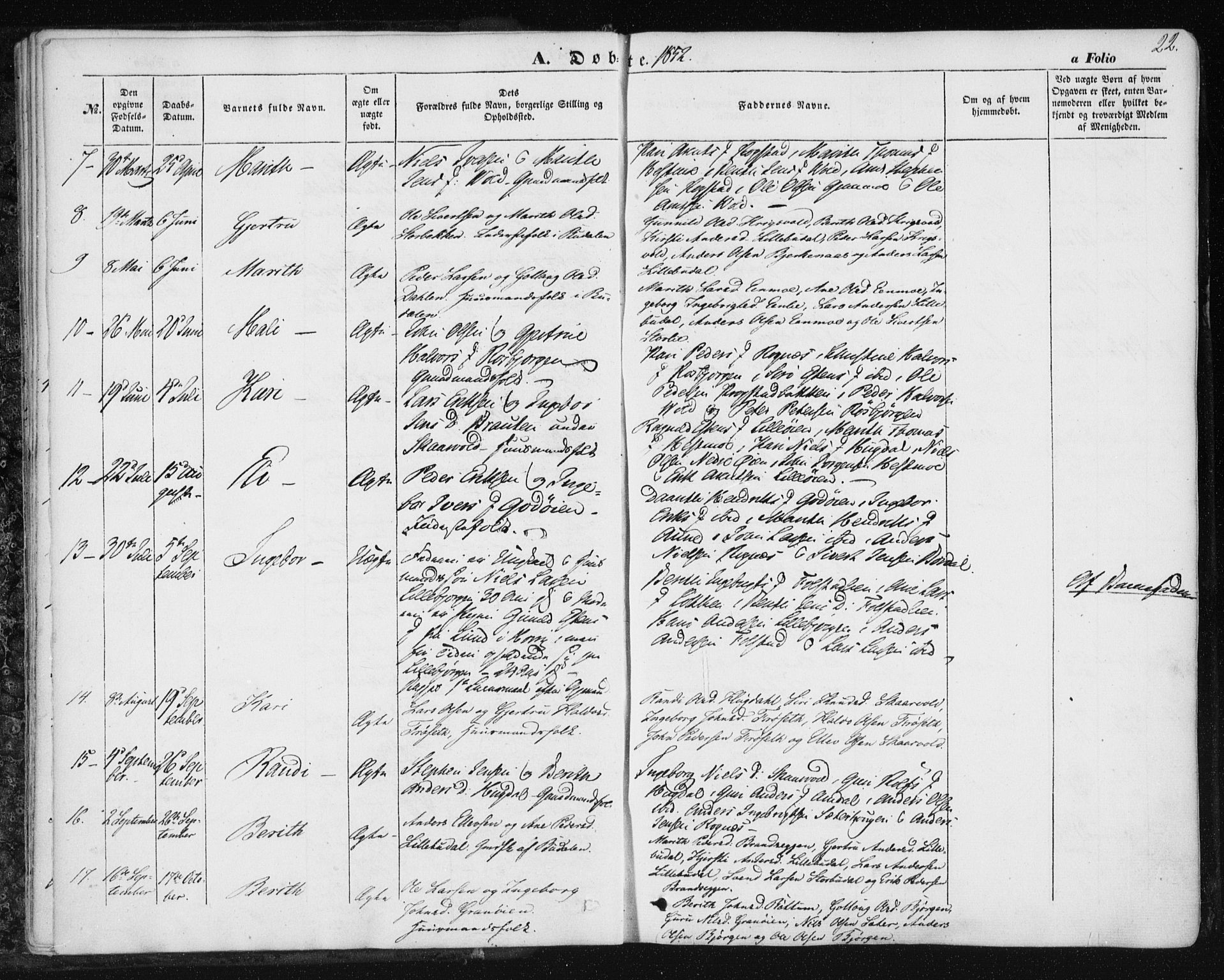 Ministerialprotokoller, klokkerbøker og fødselsregistre - Sør-Trøndelag, SAT/A-1456/687/L1000: Parish register (official) no. 687A06, 1848-1869, p. 22