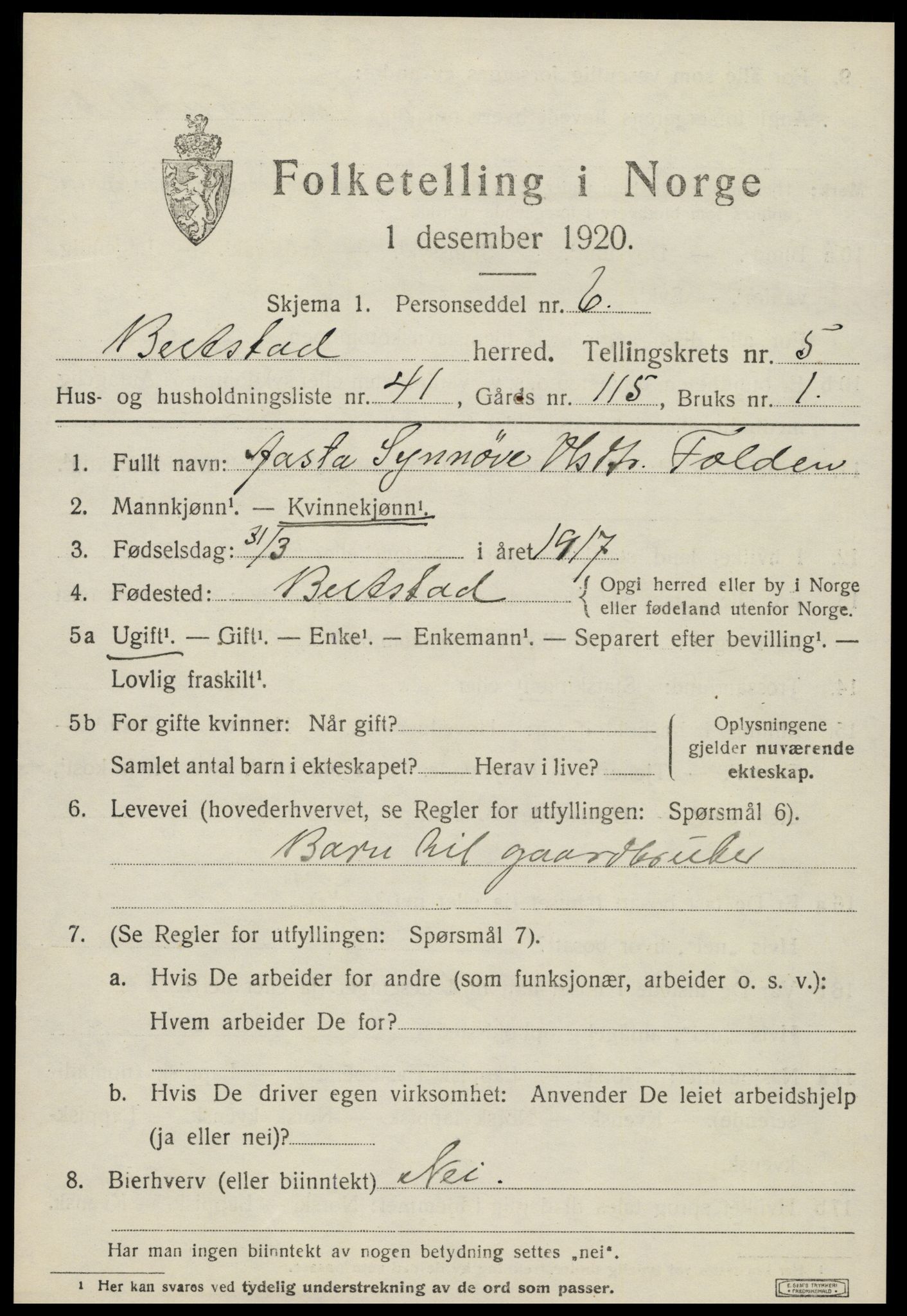 SAT, 1920 census for Beitstad, 1920, p. 4097