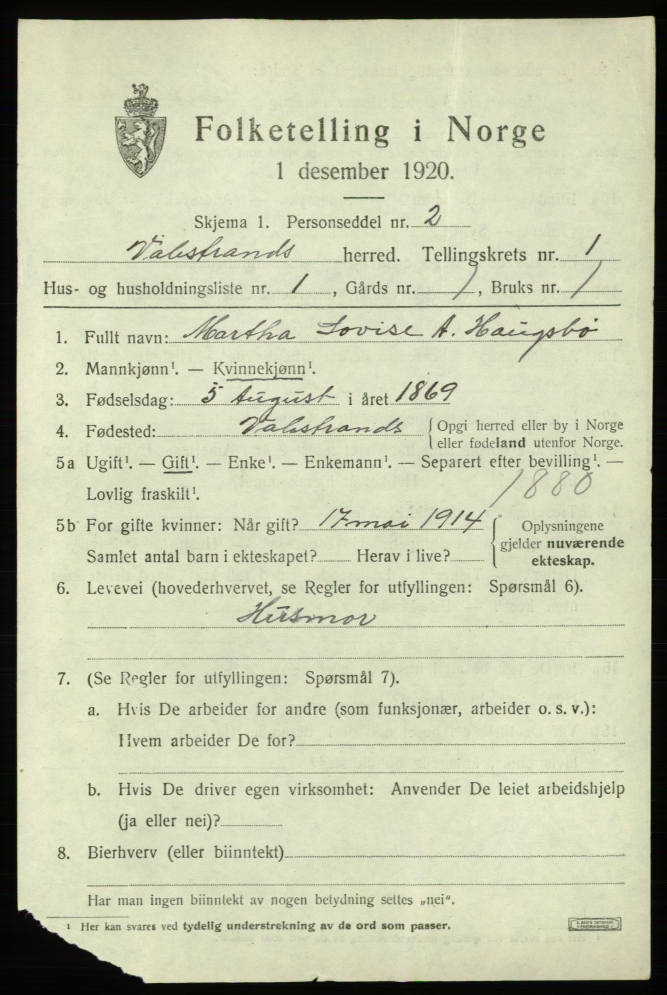 SAB, 1920 census for Valestrand, 1920, p. 469