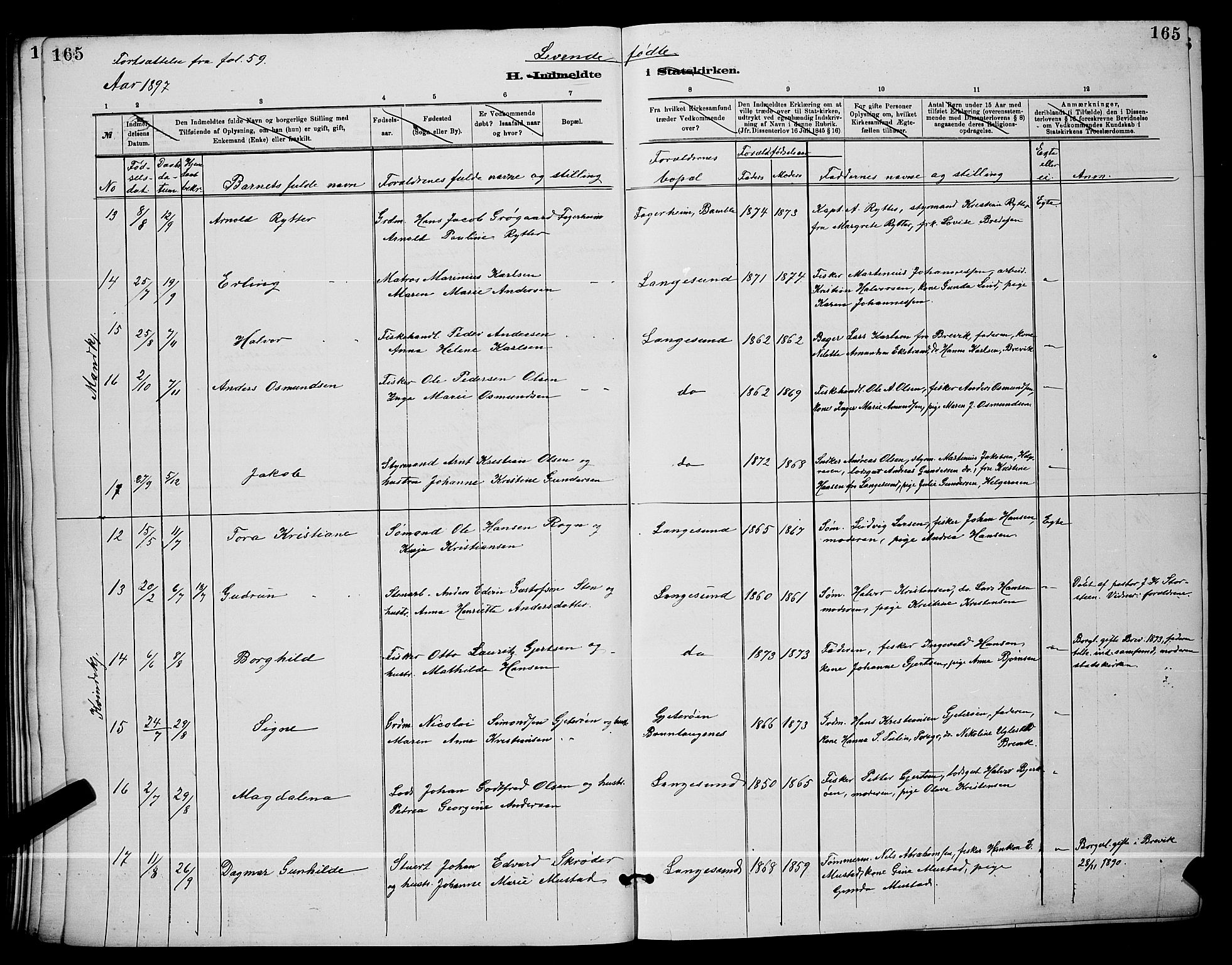Langesund kirkebøker, SAKO/A-280/G/Ga/L0005: Parish register (copy) no. 5, 1884-1898, p. 165