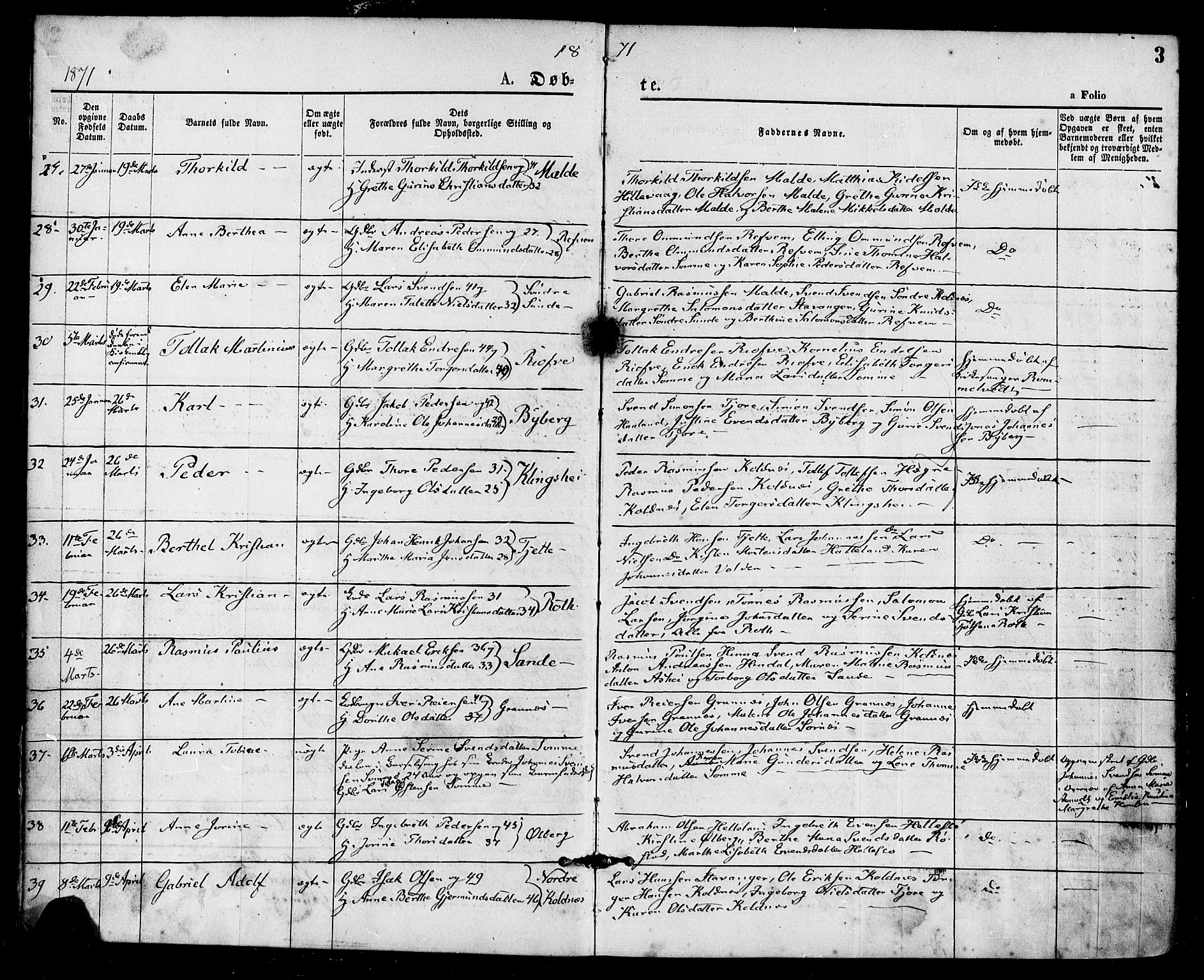 Håland sokneprestkontor, AV/SAST-A-101802/001/30BA/L0009: Parish register (official) no. A 8, 1871-1882, p. 3