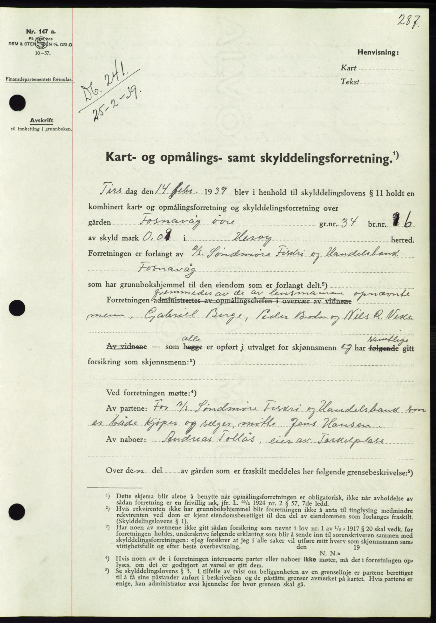 Søre Sunnmøre sorenskriveri, AV/SAT-A-4122/1/2/2C/L0067: Mortgage book no. 61, 1938-1939, Diary no: : 241/1939