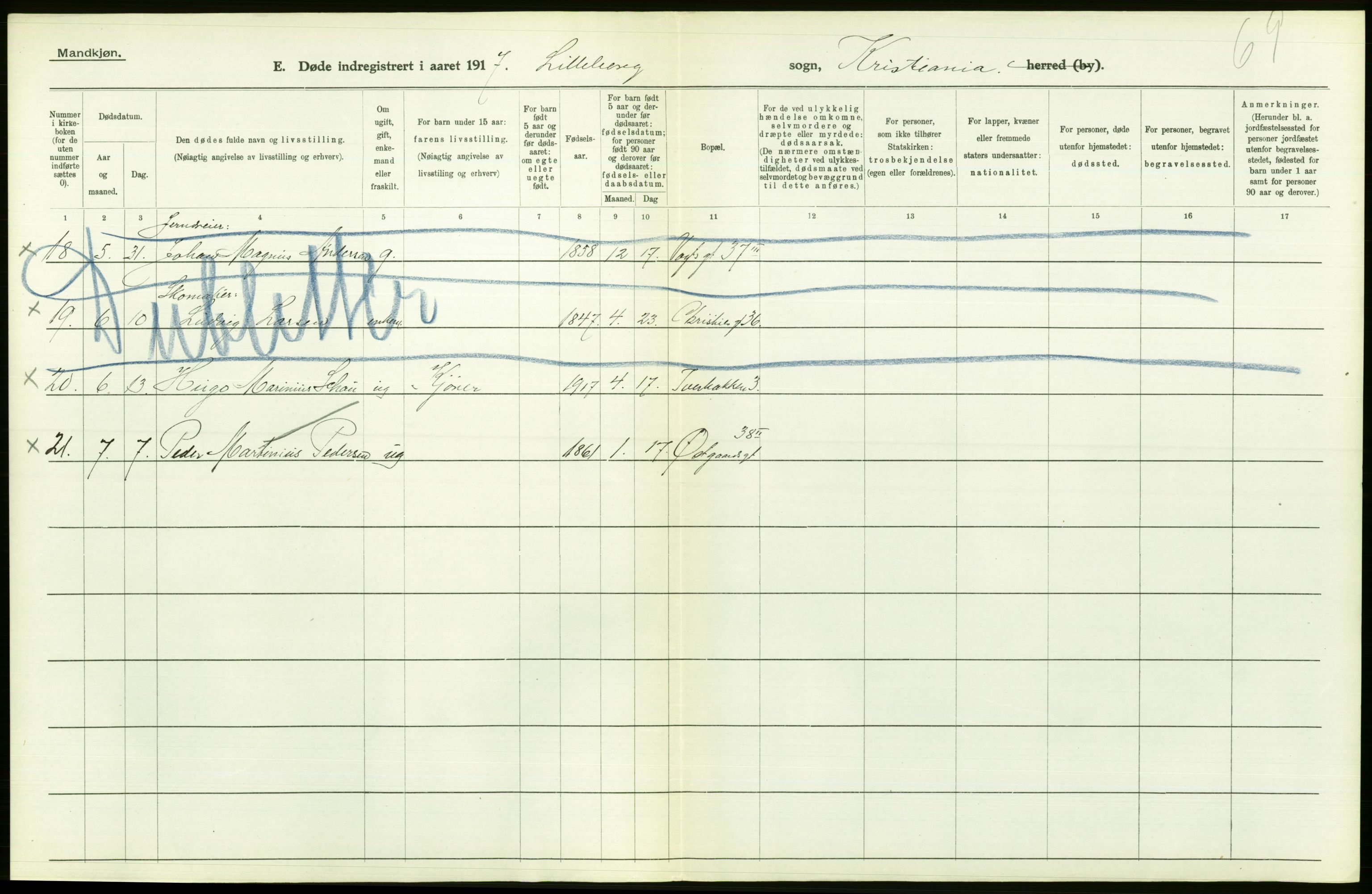 Statistisk sentralbyrå, Sosiodemografiske emner, Befolkning, AV/RA-S-2228/D/Df/Dfb/Dfbg/L0010: Kristiania: Døde, 1917, p. 614