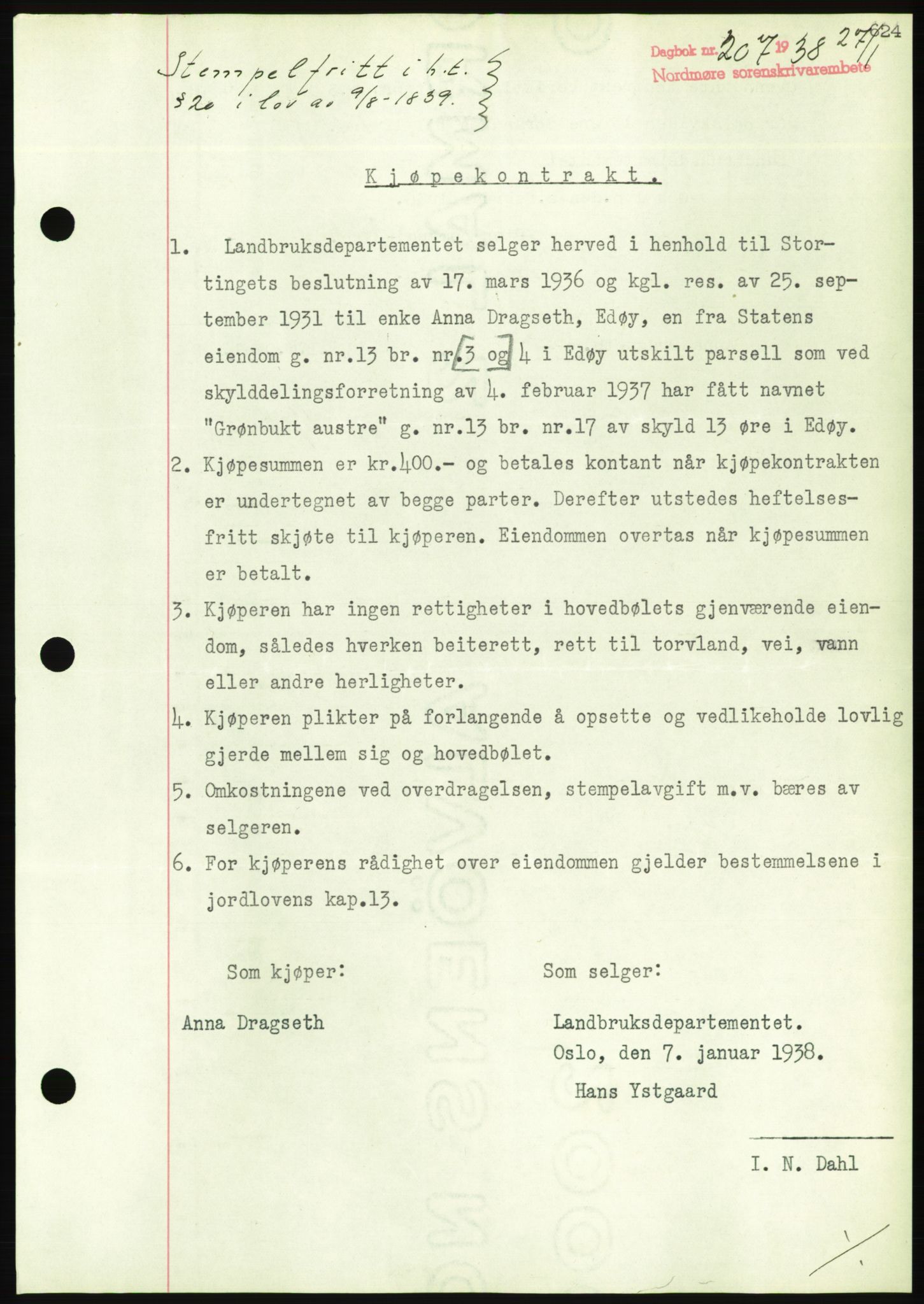 Nordmøre sorenskriveri, AV/SAT-A-4132/1/2/2Ca/L0092: Mortgage book no. B82, 1937-1938, Diary no: : 207/1938