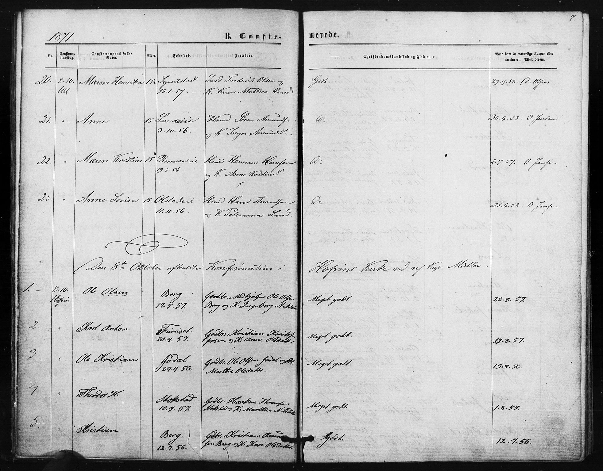 Ullensaker prestekontor Kirkebøker, AV/SAO-A-10236a/F/Fa/L0017: Parish register (official) no. I 17, 1871-1875, p. 7