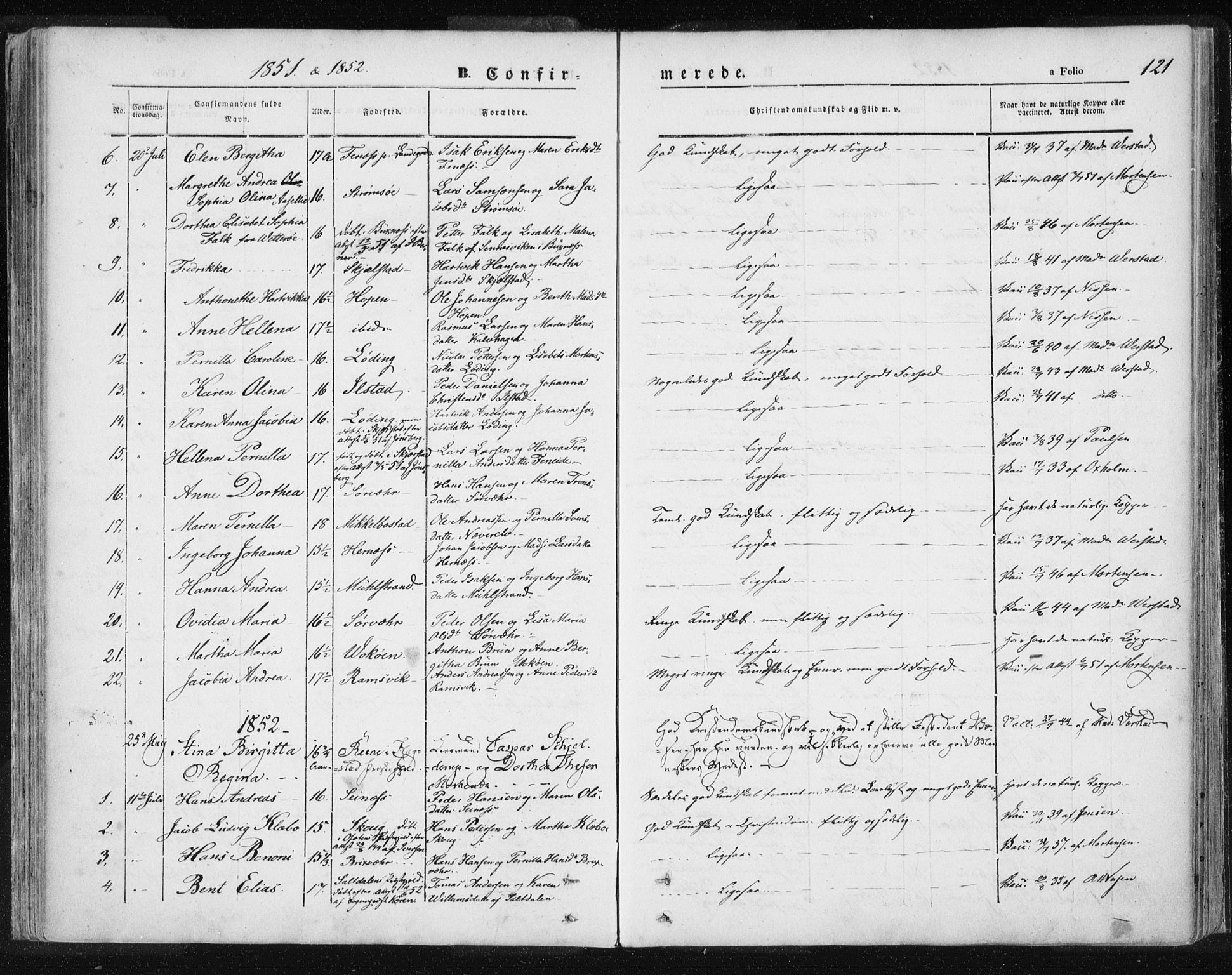 Ministerialprotokoller, klokkerbøker og fødselsregistre - Nordland, SAT/A-1459/801/L0007: Parish register (official) no. 801A07, 1845-1863, p. 121