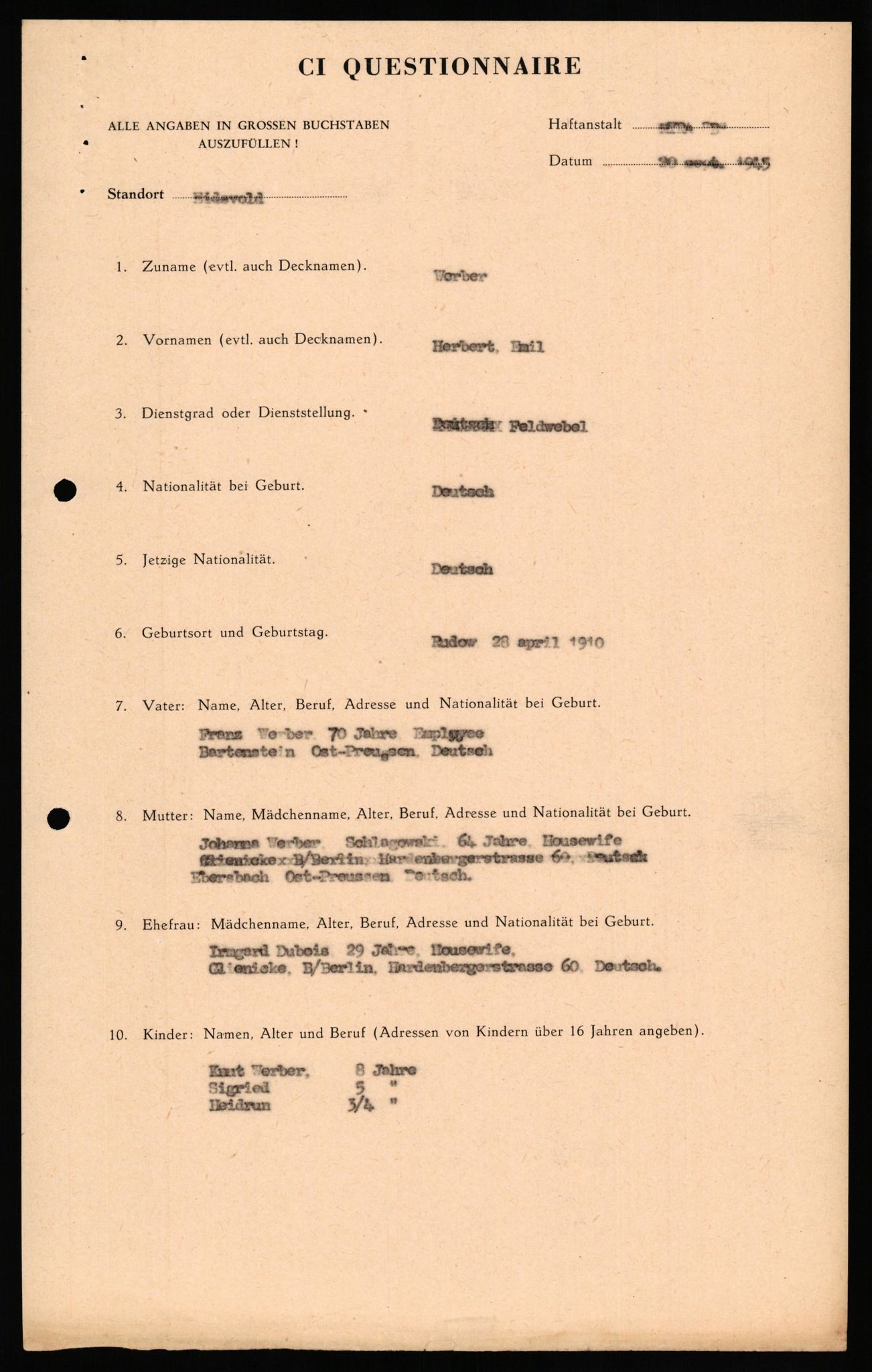 Forsvaret, Forsvarets overkommando II, RA/RAFA-3915/D/Db/L0035: CI Questionaires. Tyske okkupasjonsstyrker i Norge. Tyskere., 1945-1946, p. 381
