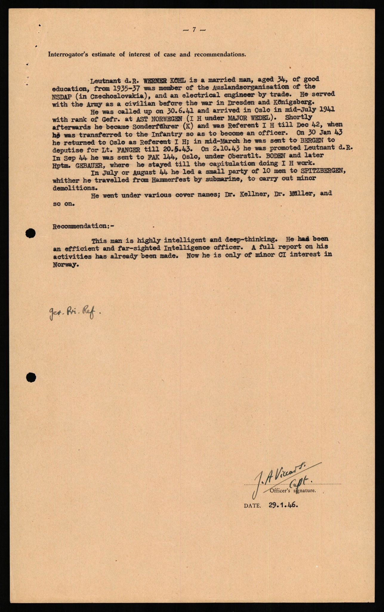 Forsvaret, Forsvarets overkommando II, AV/RA-RAFA-3915/D/Db/L0019: CI Questionaires. Tyske okkupasjonsstyrker i Norge. Tyskere., 1945-1946, p. 106