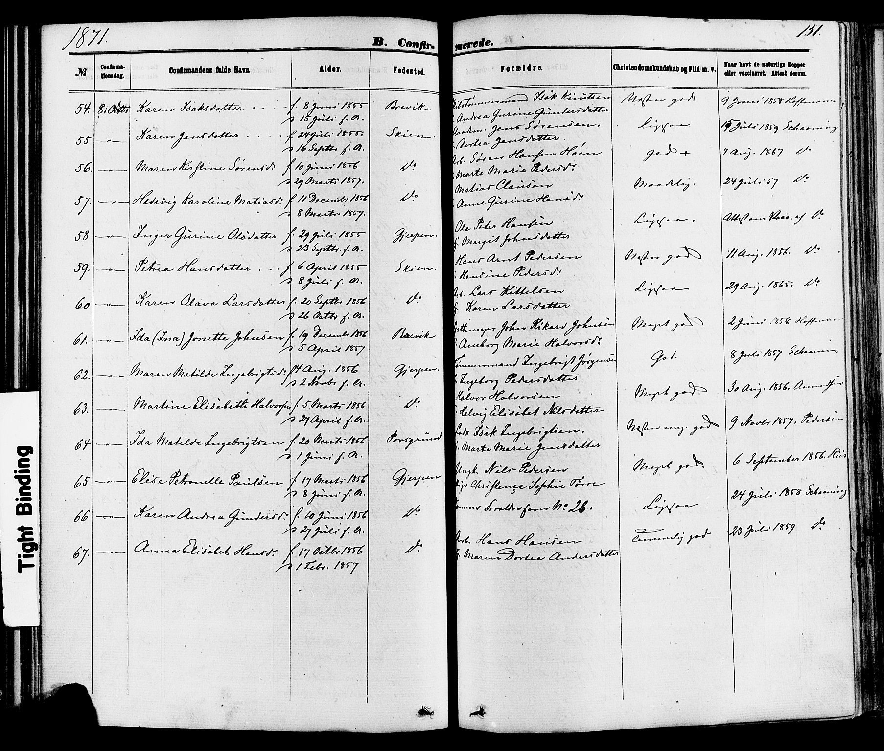 Skien kirkebøker, AV/SAKO-A-302/F/Fa/L0008: Parish register (official) no. 8, 1866-1877, p. 151