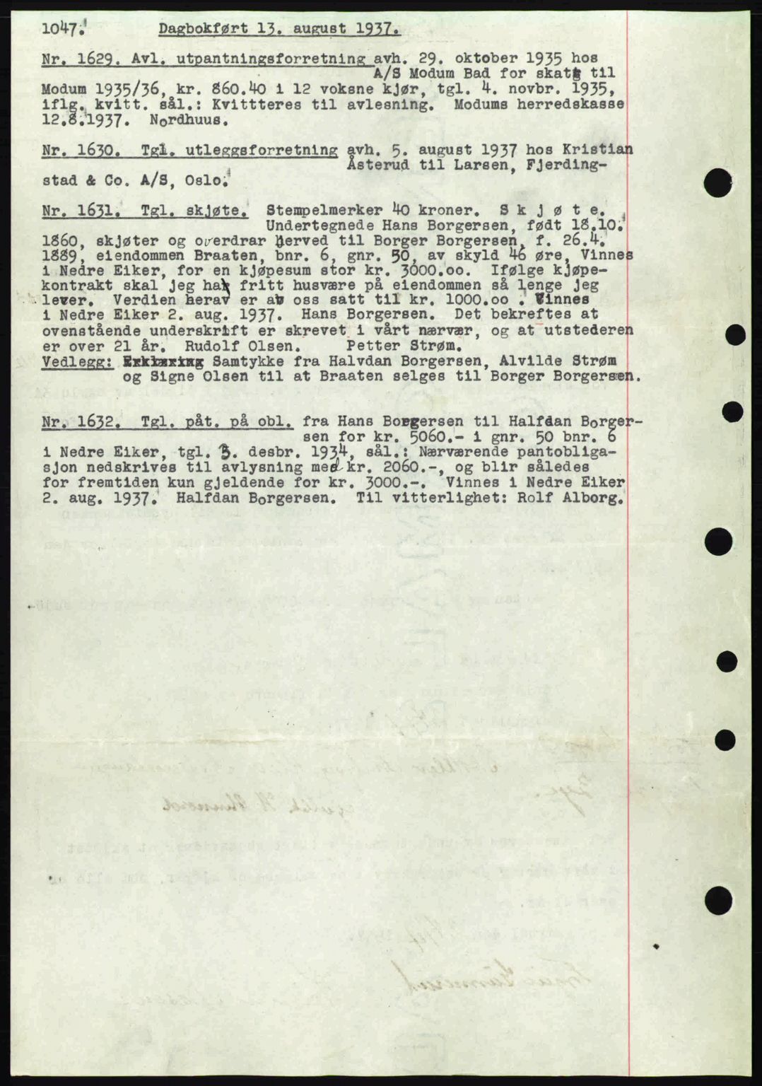 Eiker, Modum og Sigdal sorenskriveri, SAKO/A-123/G/Ga/Gab/L0035: Mortgage book no. A5, 1937-1937, Diary no: : 1629/1937