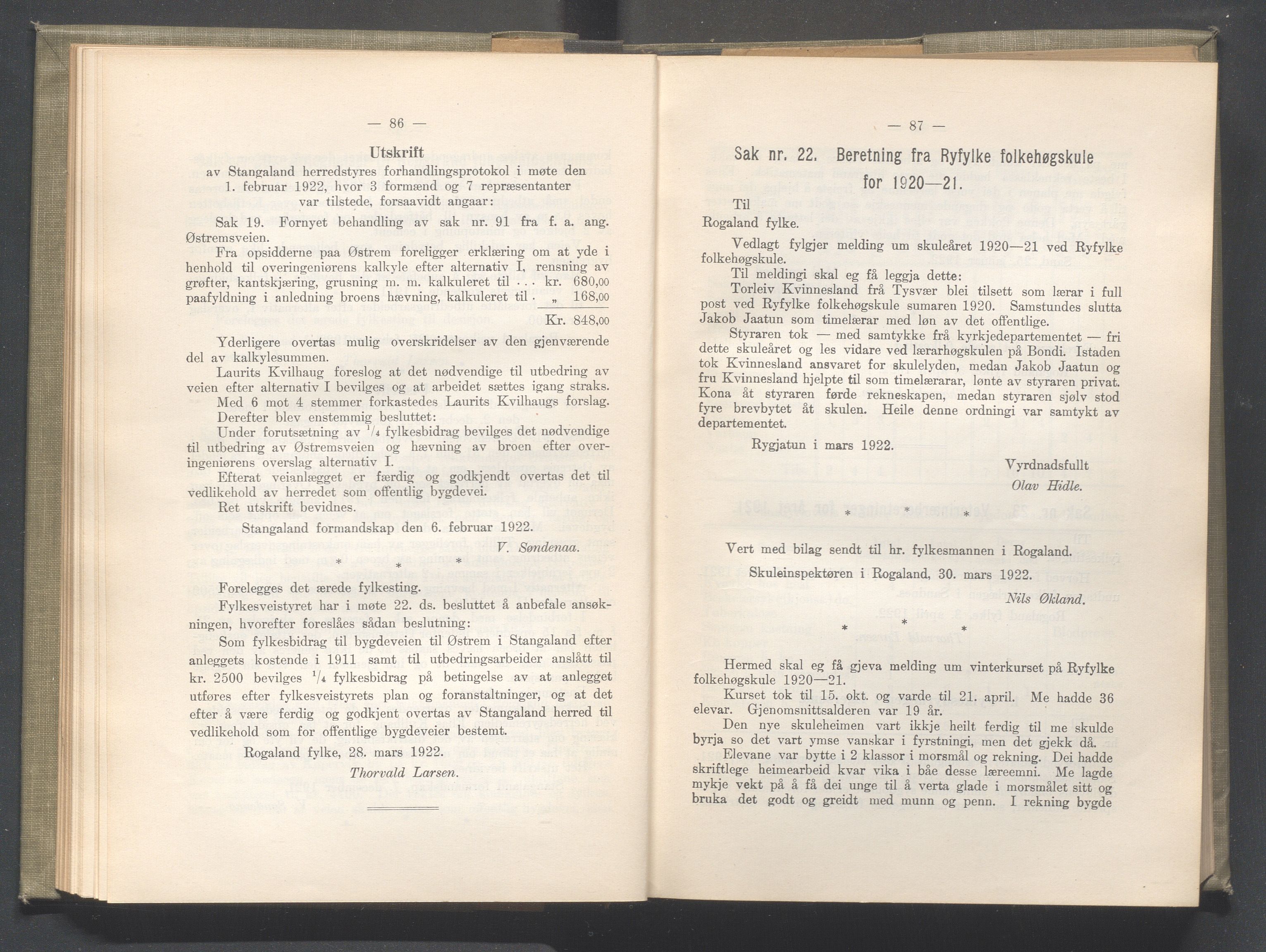 Rogaland fylkeskommune - Fylkesrådmannen , IKAR/A-900/A/Aa/Aaa/L0041: Møtebok , 1922, p. 86-87