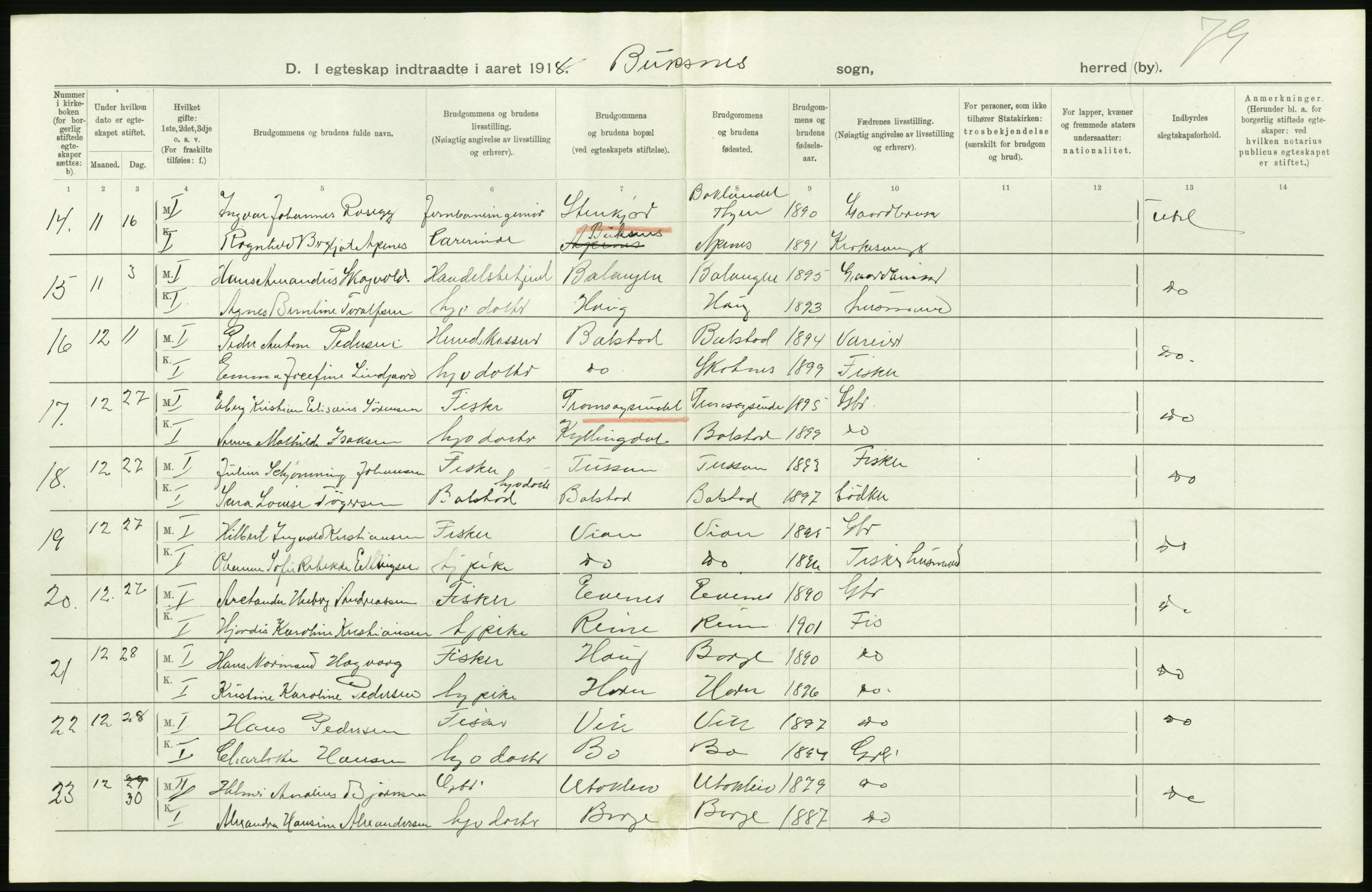 Statistisk sentralbyrå, Sosiodemografiske emner, Befolkning, AV/RA-S-2228/D/Df/Dfb/Dfbh/L0054: Nordland fylke: Gifte, dødfødte. Bygder og byer., 1918, p. 254