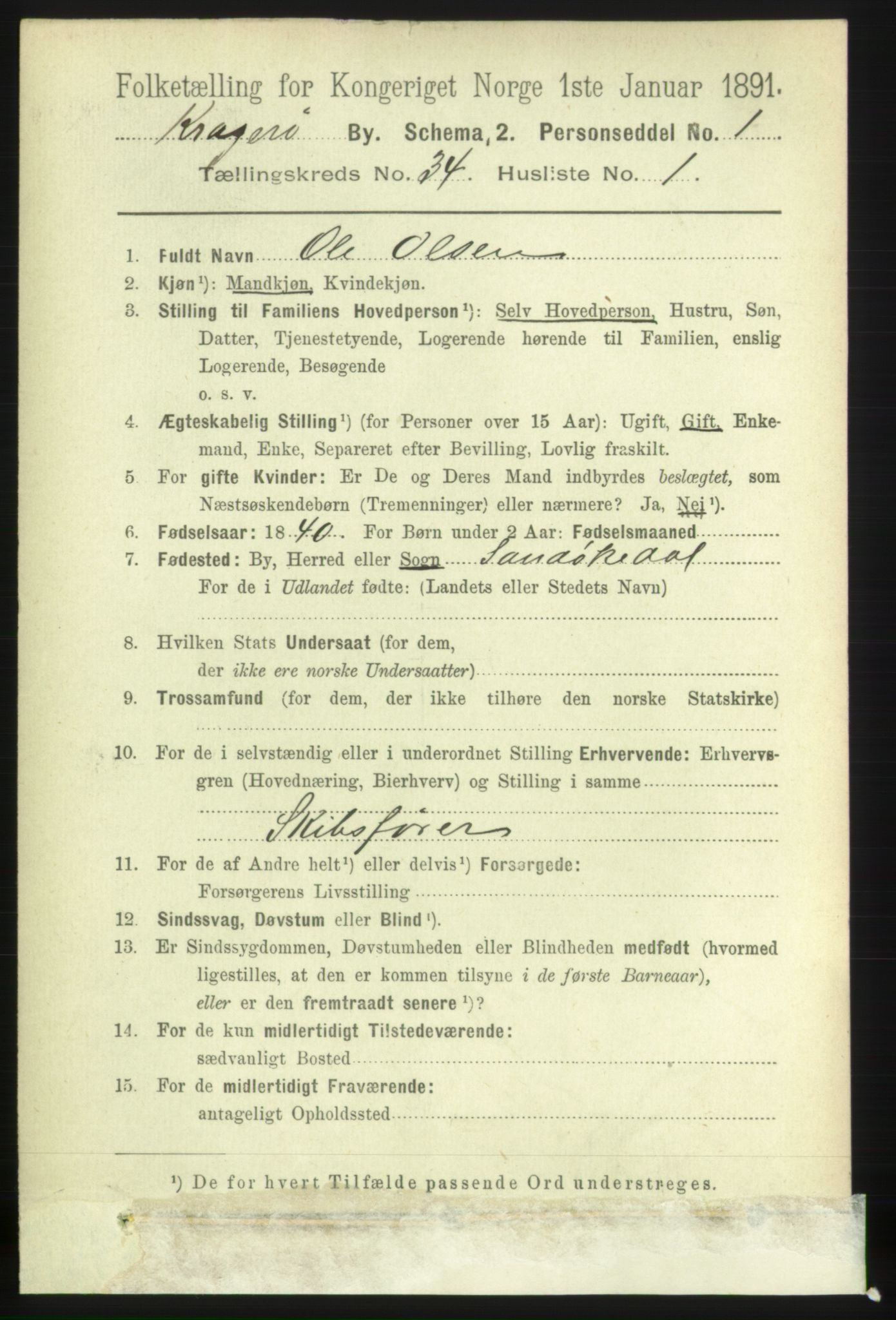 RA, 1891 census for 0801 Kragerø, 1891, p. 6086