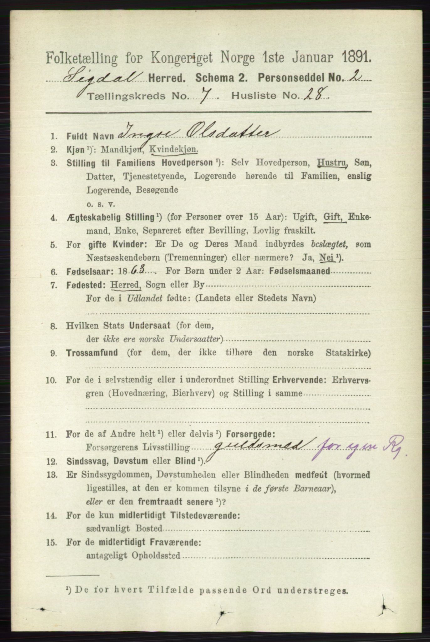 RA, 1891 census for 0621 Sigdal, 1891, p. 2874