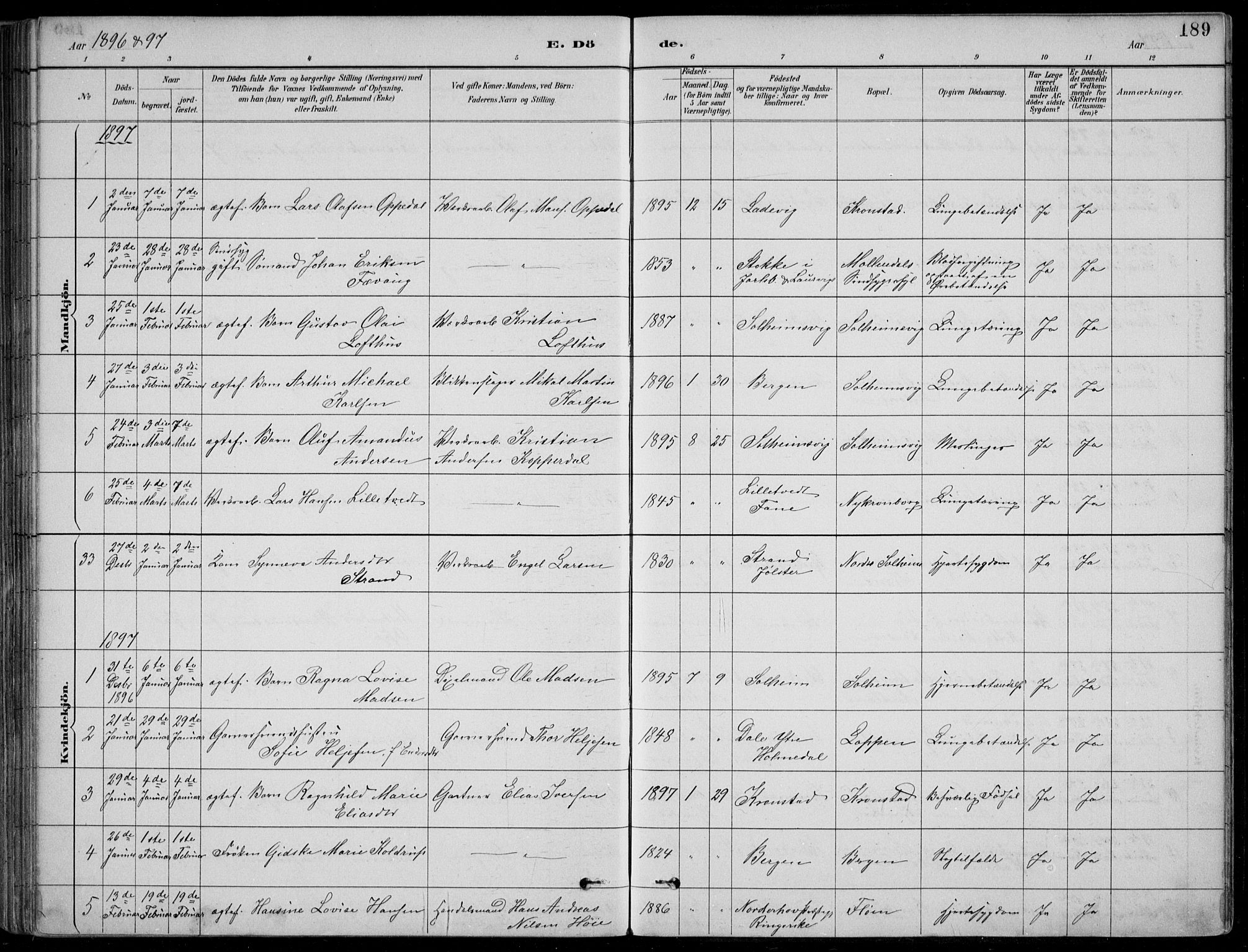 Årstad Sokneprestembete, AV/SAB-A-79301/H/Hab/L0011: Parish register (copy) no. B 1, 1886-1901, p. 189