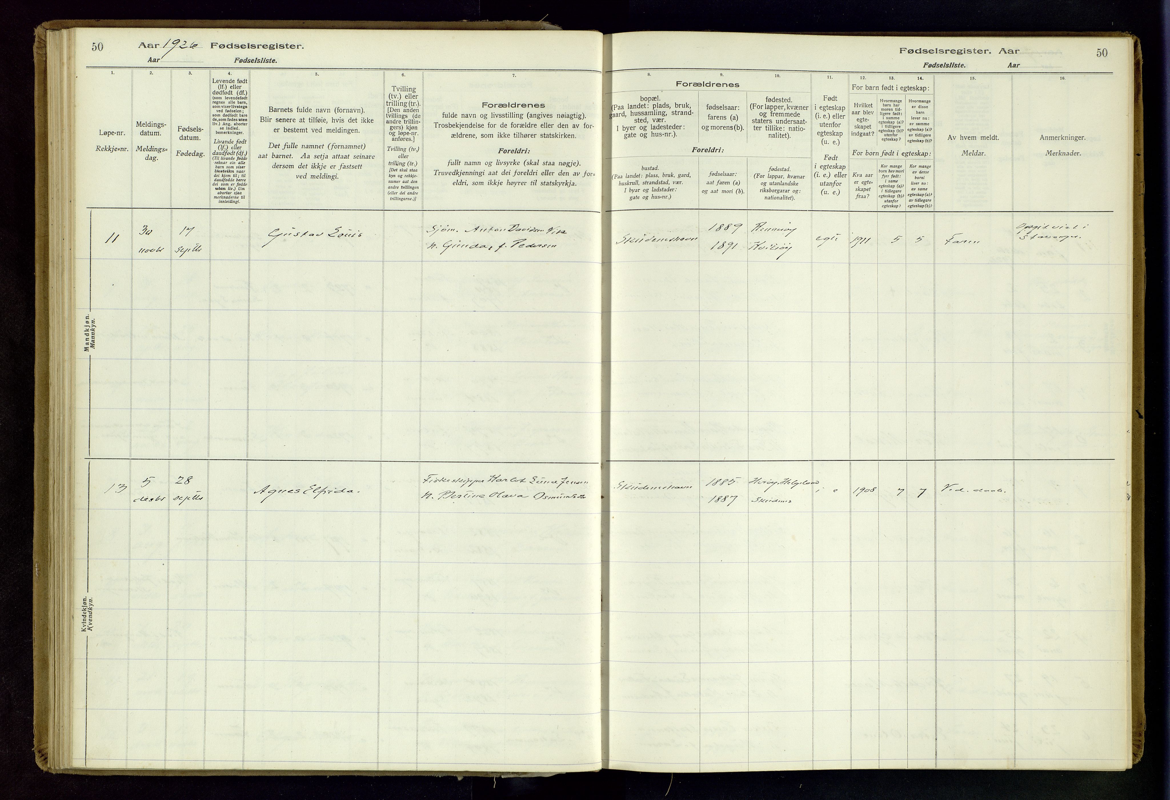 Skudenes sokneprestkontor, SAST/A -101849/I/Id/L0003: Birth register no. 3, 1916-1964, p. 50