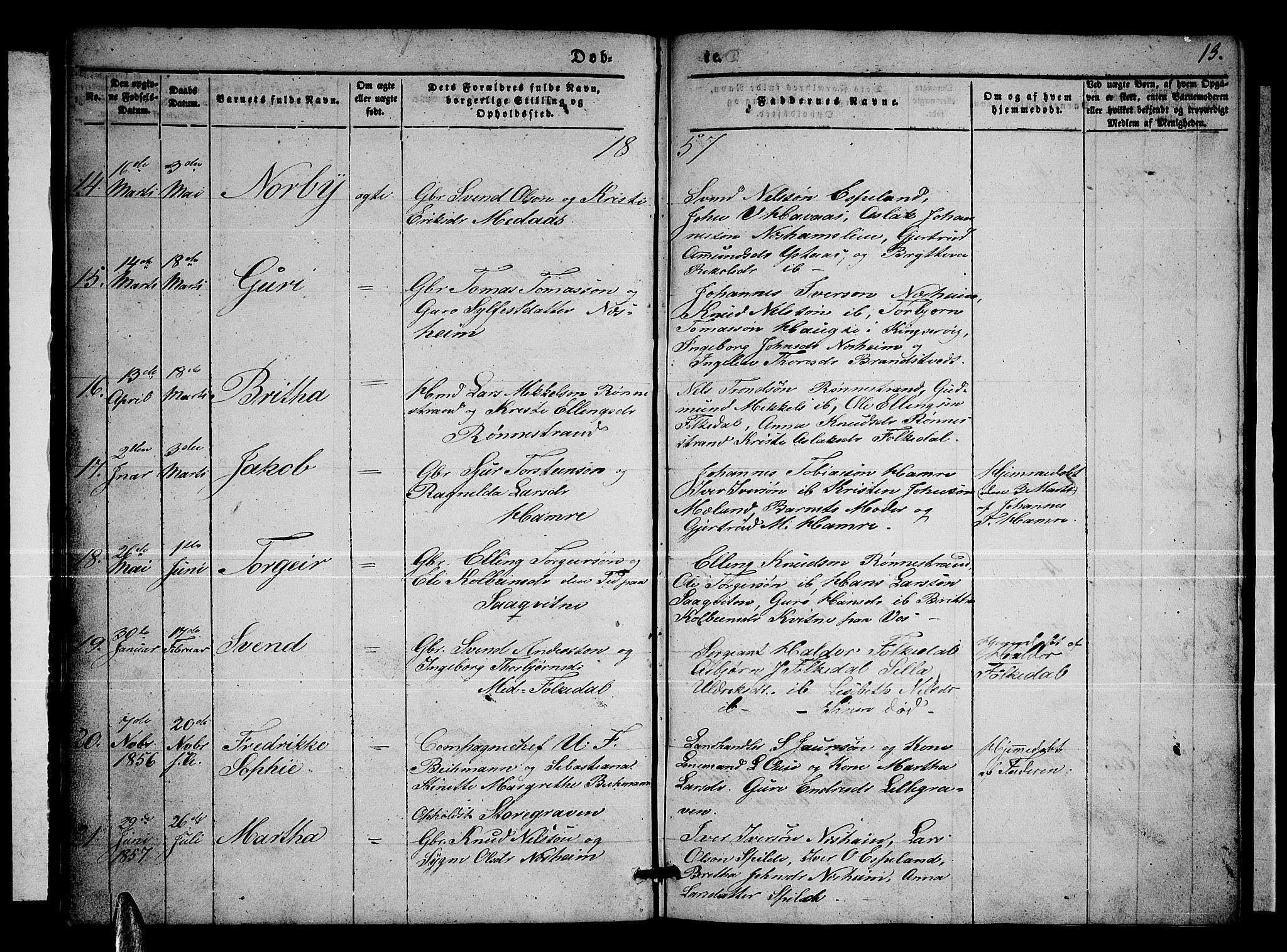 Ulvik sokneprestembete, SAB/A-78801/H/Hab: Parish register (copy) no. B 1, 1855-1868, p. 13
