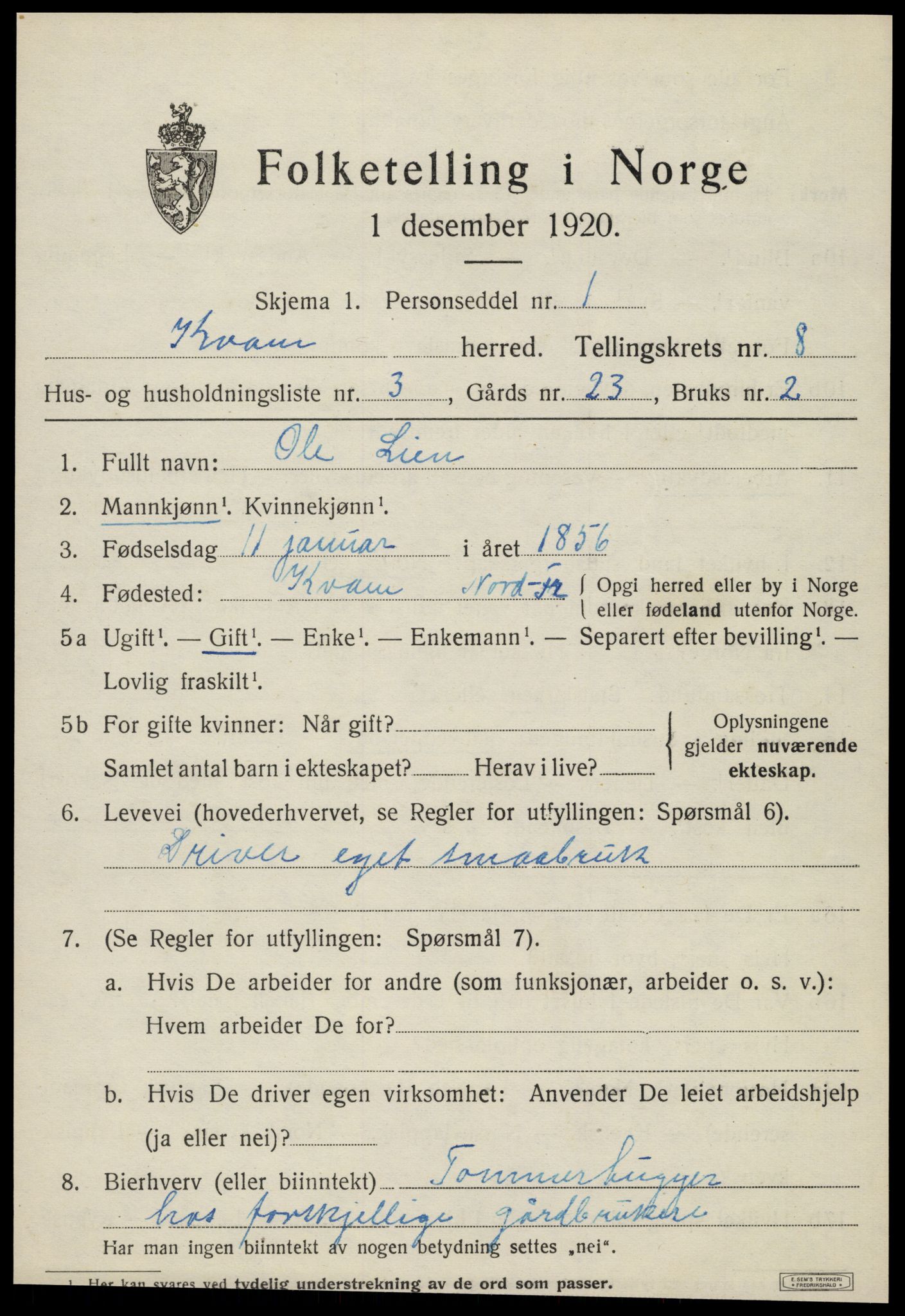 SAT, 1920 census for Kvam, 1920, p. 2011