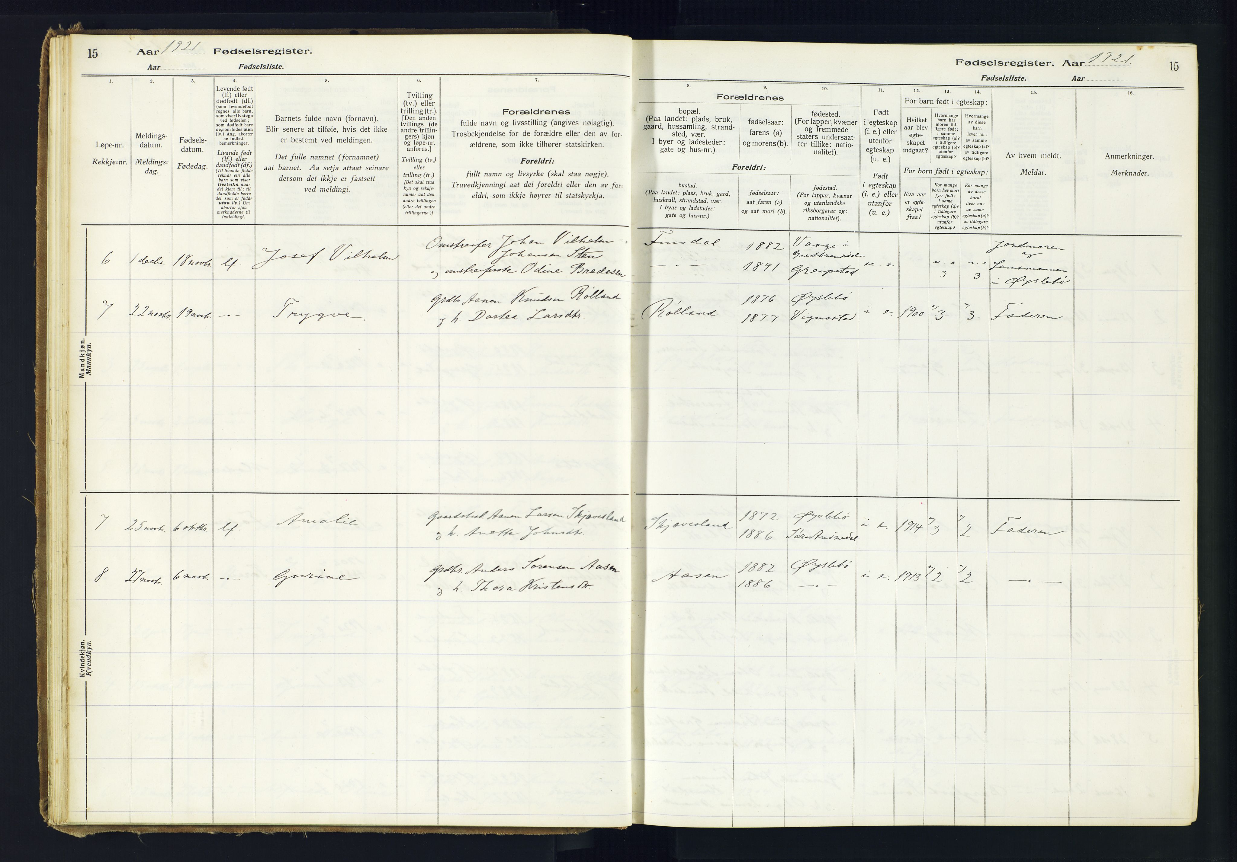 Holum sokneprestkontor, AV/SAK-1111-0022/J/Ja/L0002: Birth register no. II.6.11, 1916-1982, p. 15