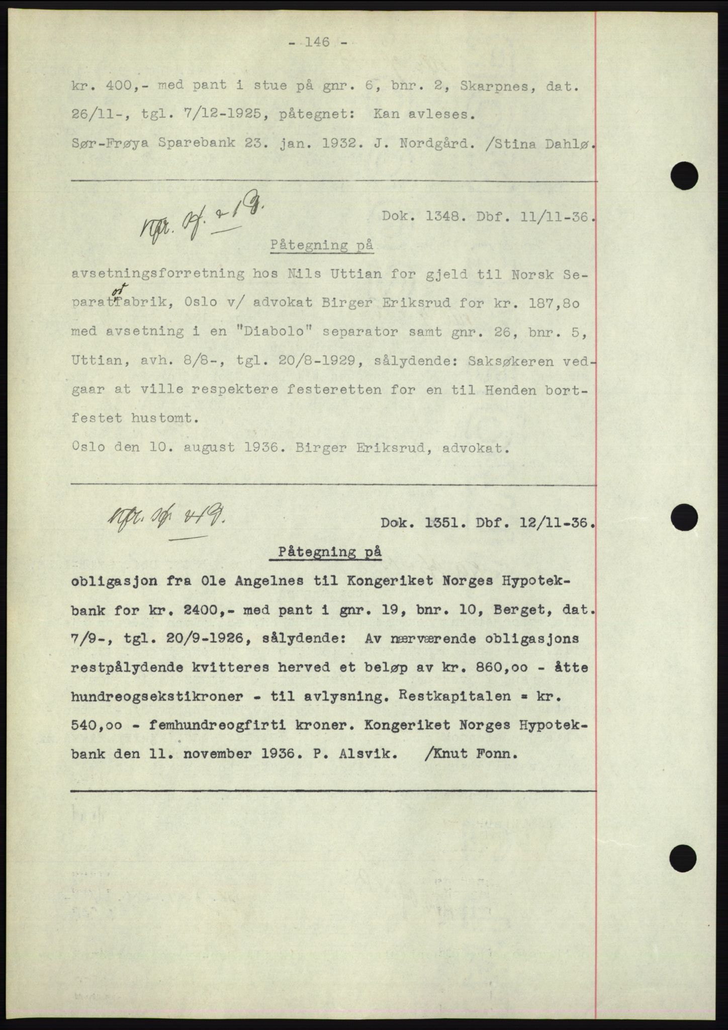 Hitra sorenskriveri, AV/SAT-A-0018/2/2C/2Ca: Mortgage book no. C1, 1936-1945, Diary no: : 1348/1936