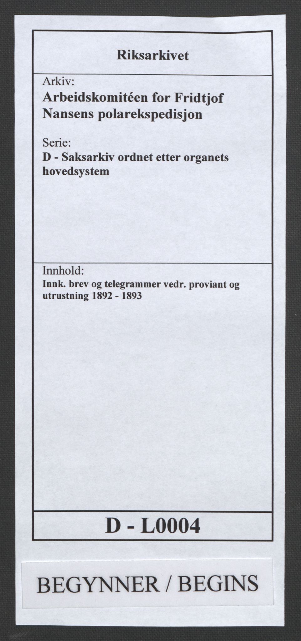 Arbeidskomitéen for Fridtjof Nansens polarekspedisjon, AV/RA-PA-0061/D/L0004: Innk. brev og telegrammer vedr. proviant og utrustning, 1892-1893, p. 1