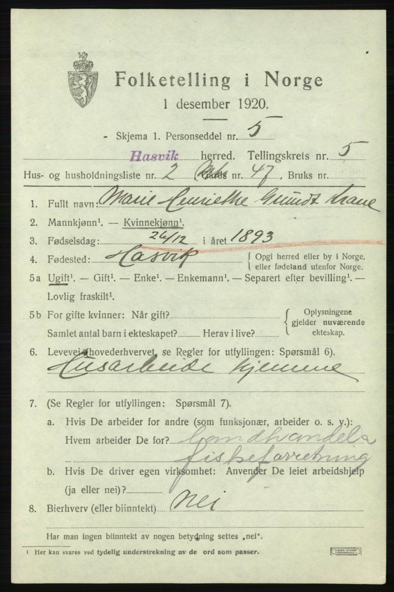 SATØ, 1920 census for Hasvik, 1920, p. 2333