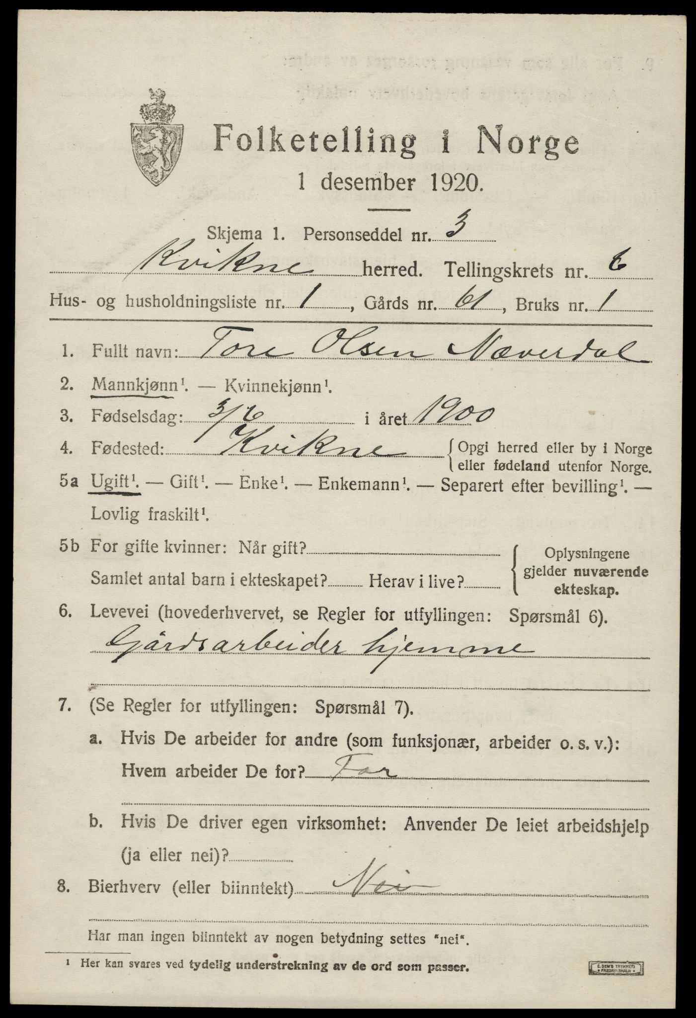 SAH, 1920 census for Kvikne, 1920, p. 2456