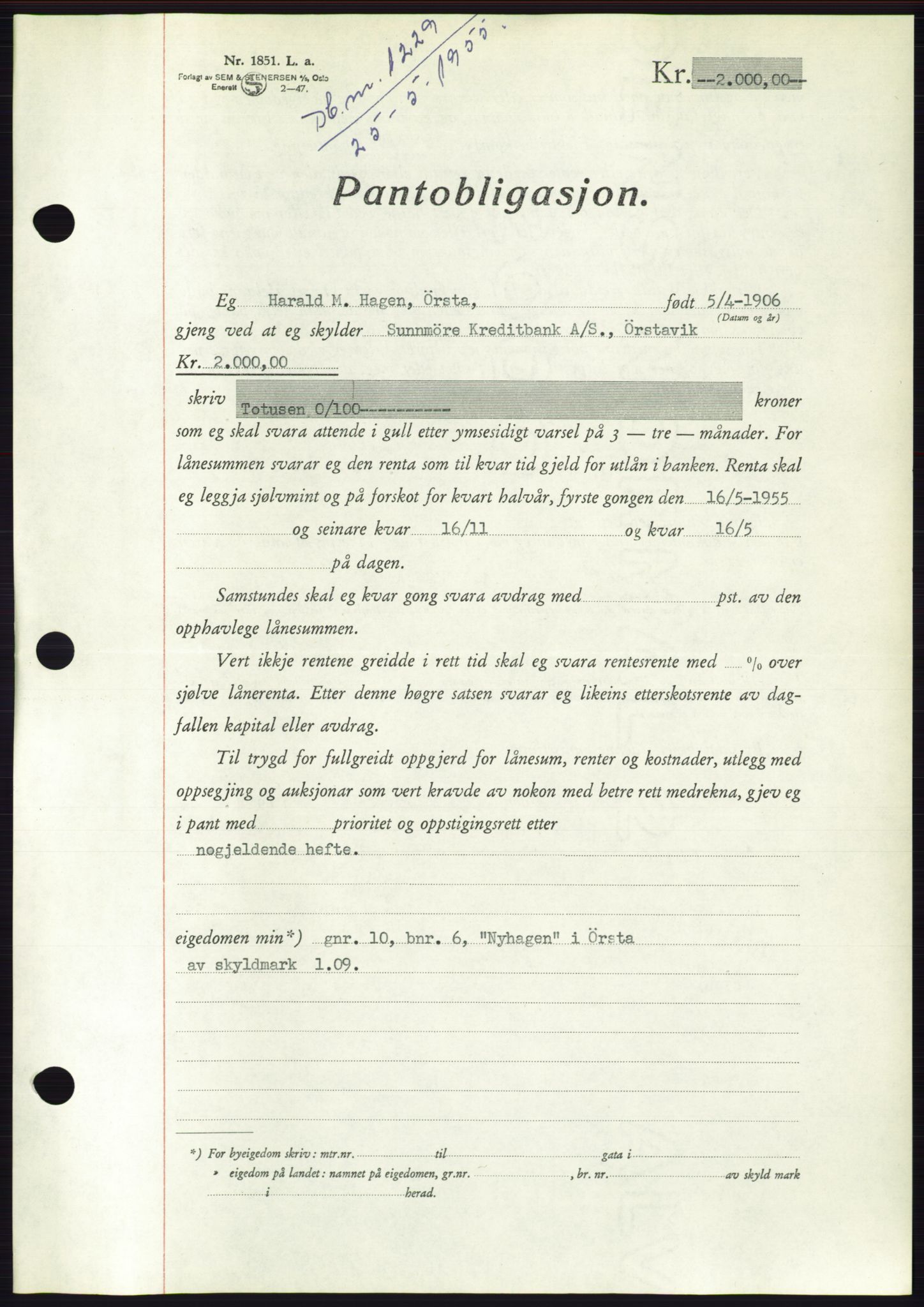 Søre Sunnmøre sorenskriveri, AV/SAT-A-4122/1/2/2C/L0126: Mortgage book no. 14B, 1954-1955, Diary no: : 1229/1955