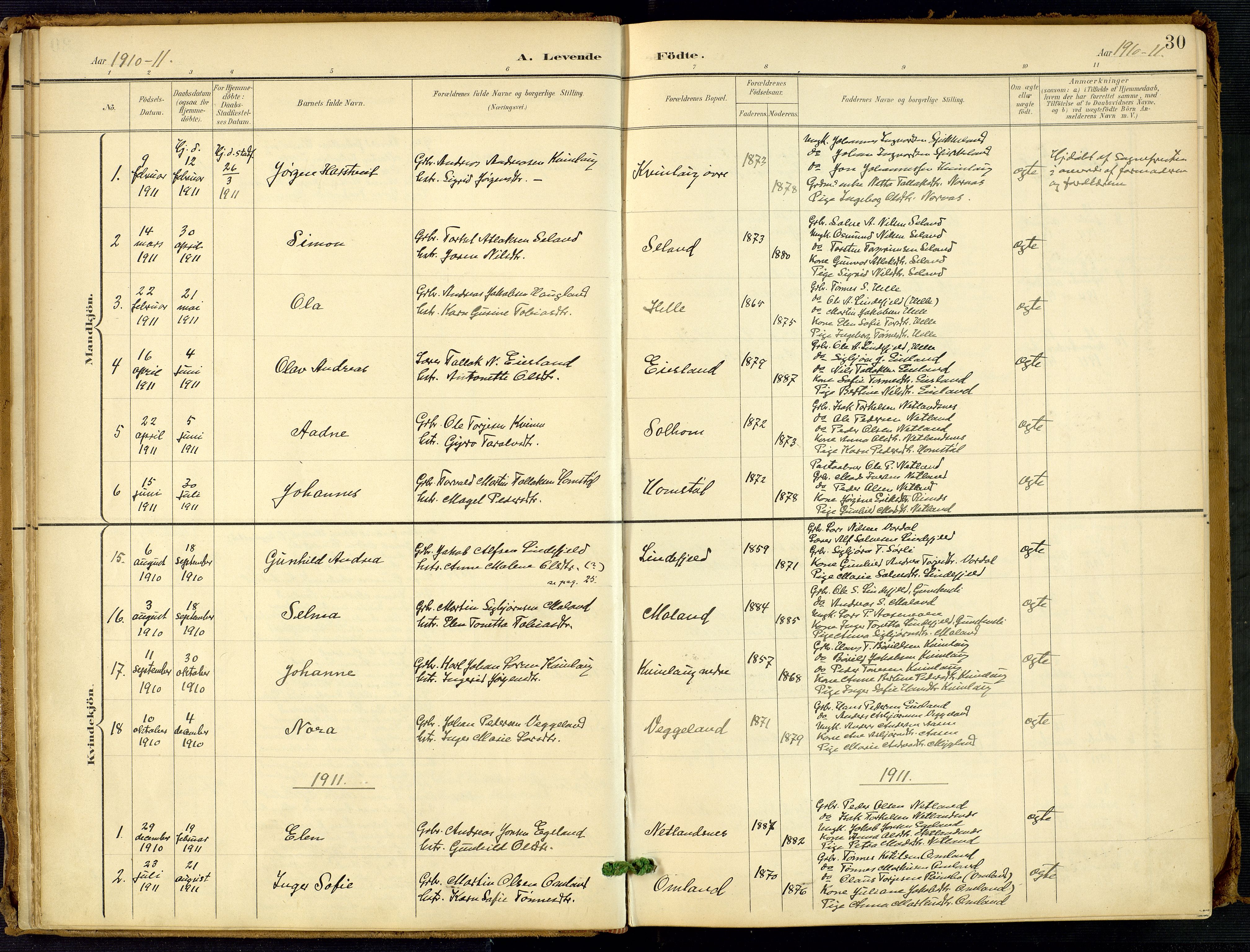 Fjotland sokneprestkontor, AV/SAK-1111-0010/F/Fa/L0003: Parish register (official) no. A 3, 1899-1917, p. 30