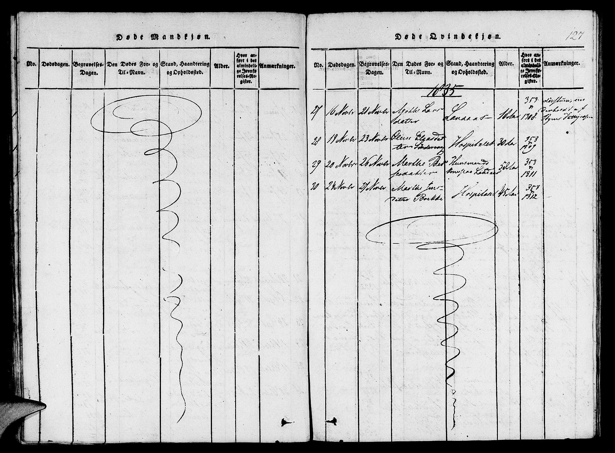 St. Jørgens hospital og Årstad sokneprestembete, AV/SAB-A-99934: Parish register (copy) no. A 1, 1816-1843, p. 127