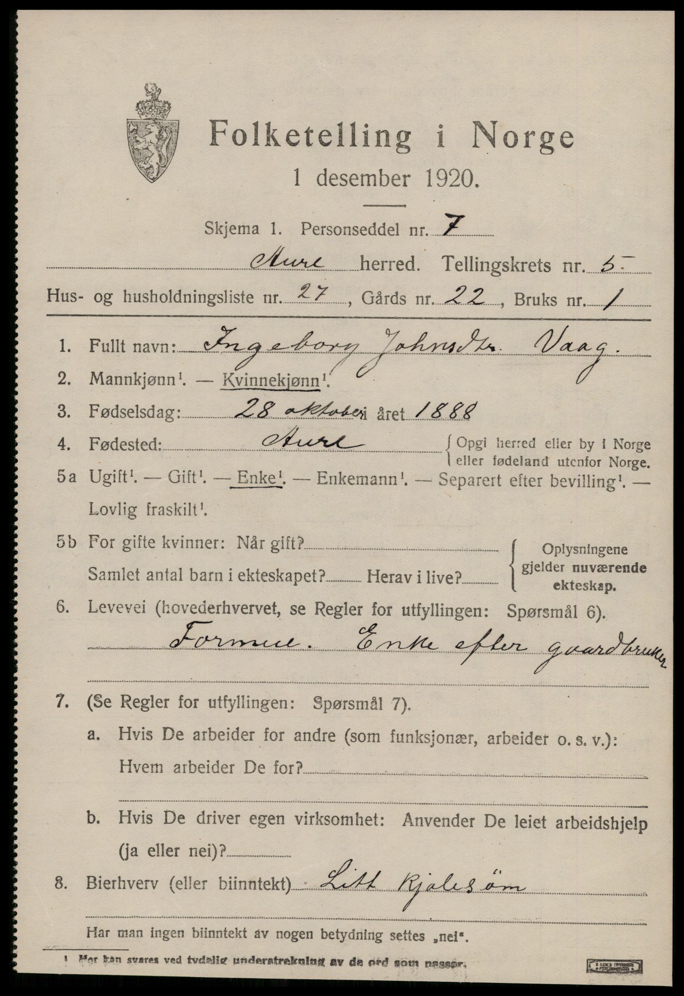 SAT, 1920 census for Aure, 1920, p. 2448