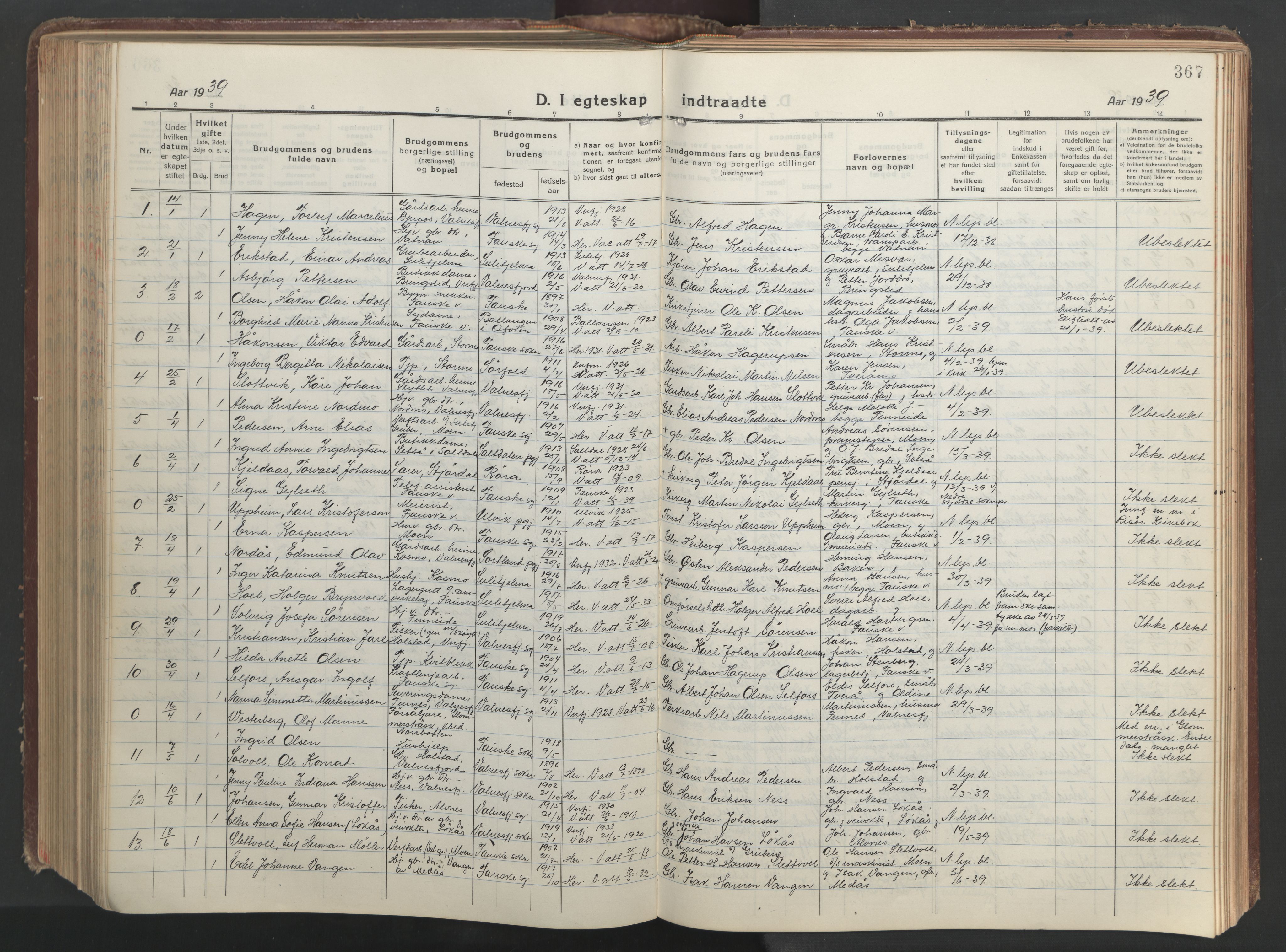 Ministerialprotokoller, klokkerbøker og fødselsregistre - Nordland, AV/SAT-A-1459/849/L0700: Parish register (copy) no. 849C01, 1919-1946, p. 367