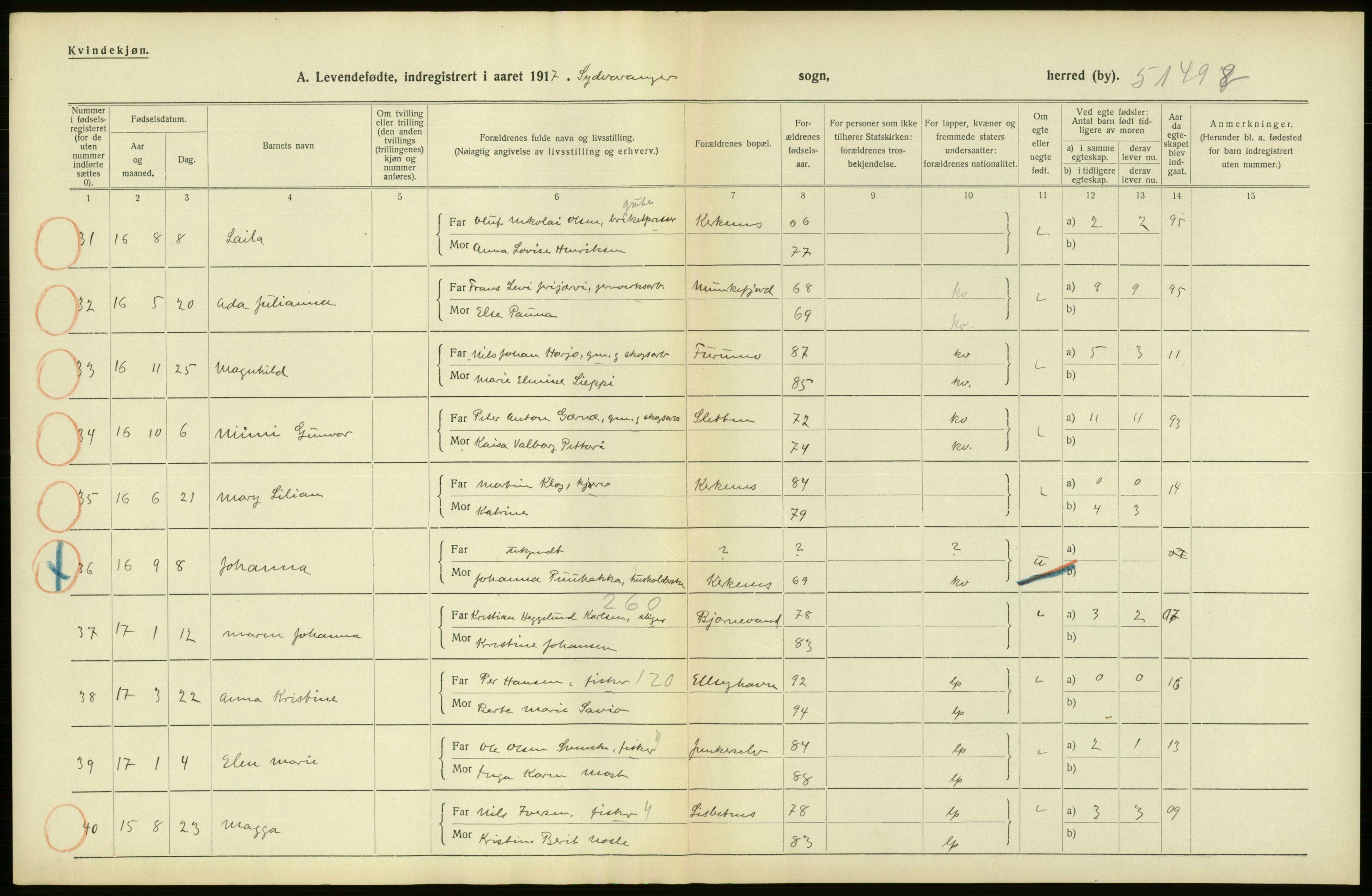 Statistisk sentralbyrå, Sosiodemografiske emner, Befolkning, AV/RA-S-2228/D/Df/Dfb/Dfbg/L0055: Finnmarkens amt: Levendefødte menn og kvinner, gifte, døde, dødfødte. Bygder og byer., 1917, p. 26