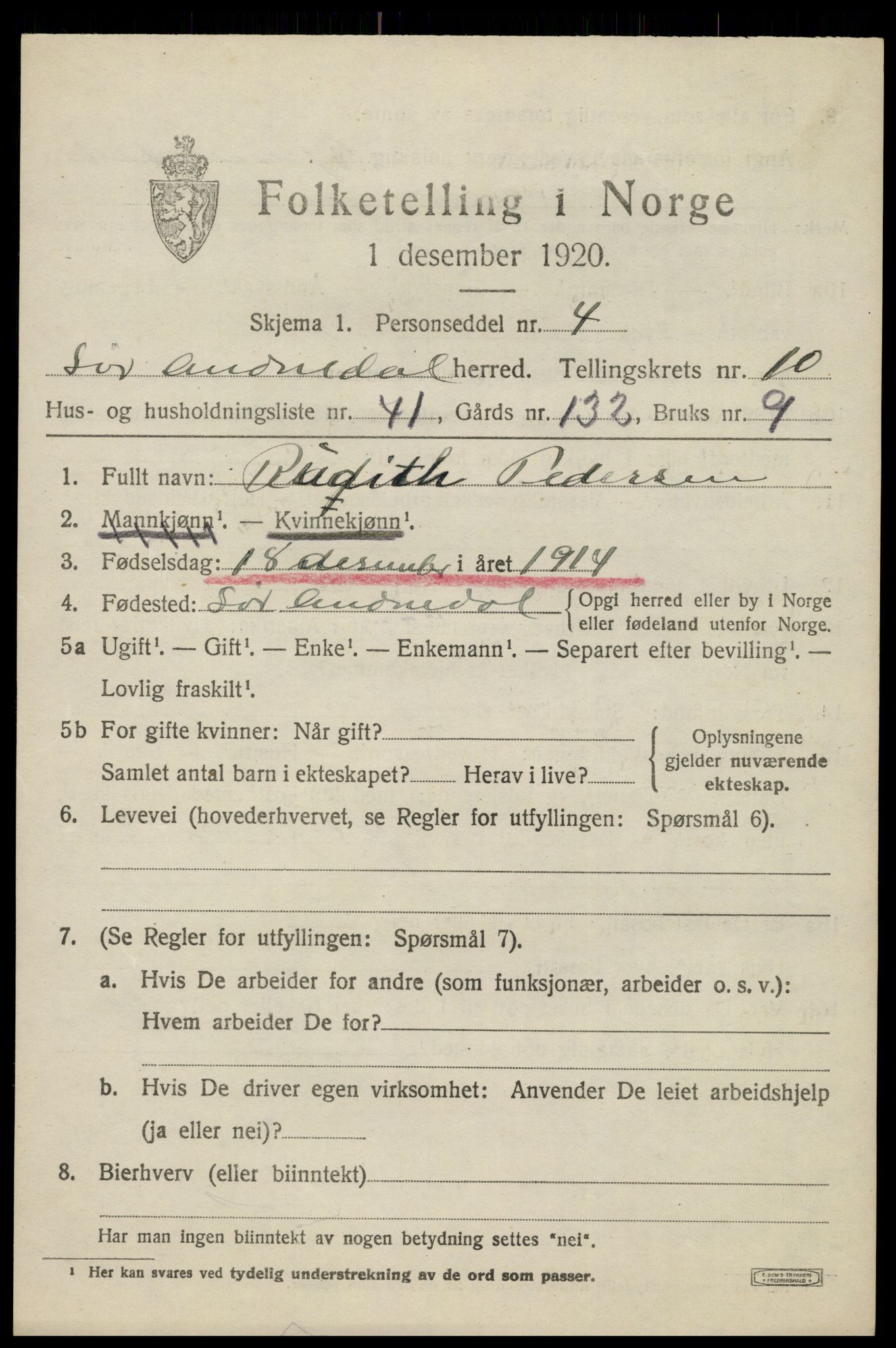 SAK, 1920 census for Sør-Audnedal, 1920, p. 4189