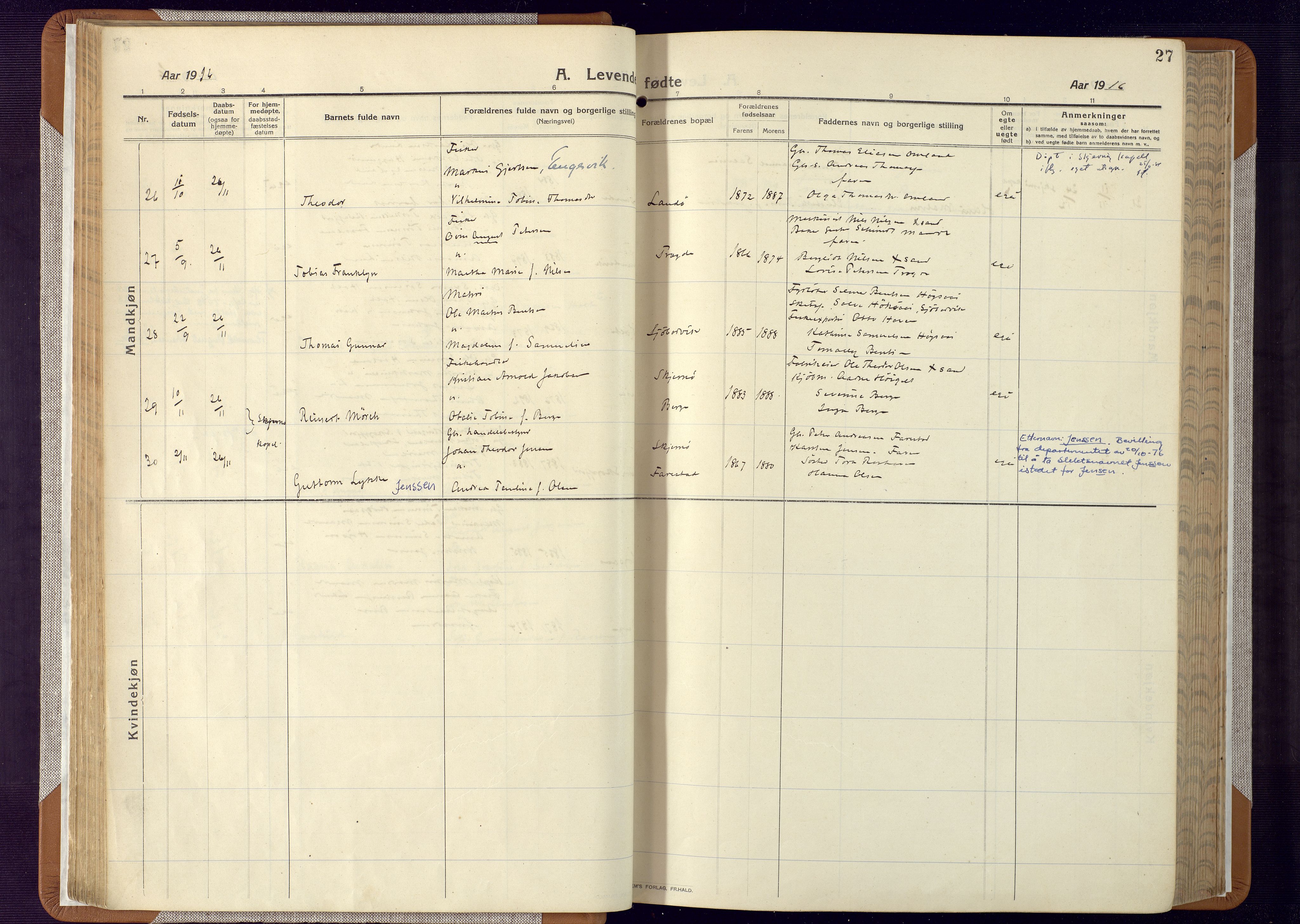 Mandal sokneprestkontor, AV/SAK-1111-0030/F/Fa/Faa/L0022: Parish register (official) no. A 22, 1913-1925, p. 27